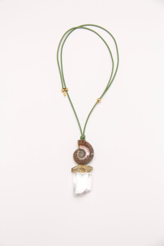 Pendant: ammonite, citrine, quartz