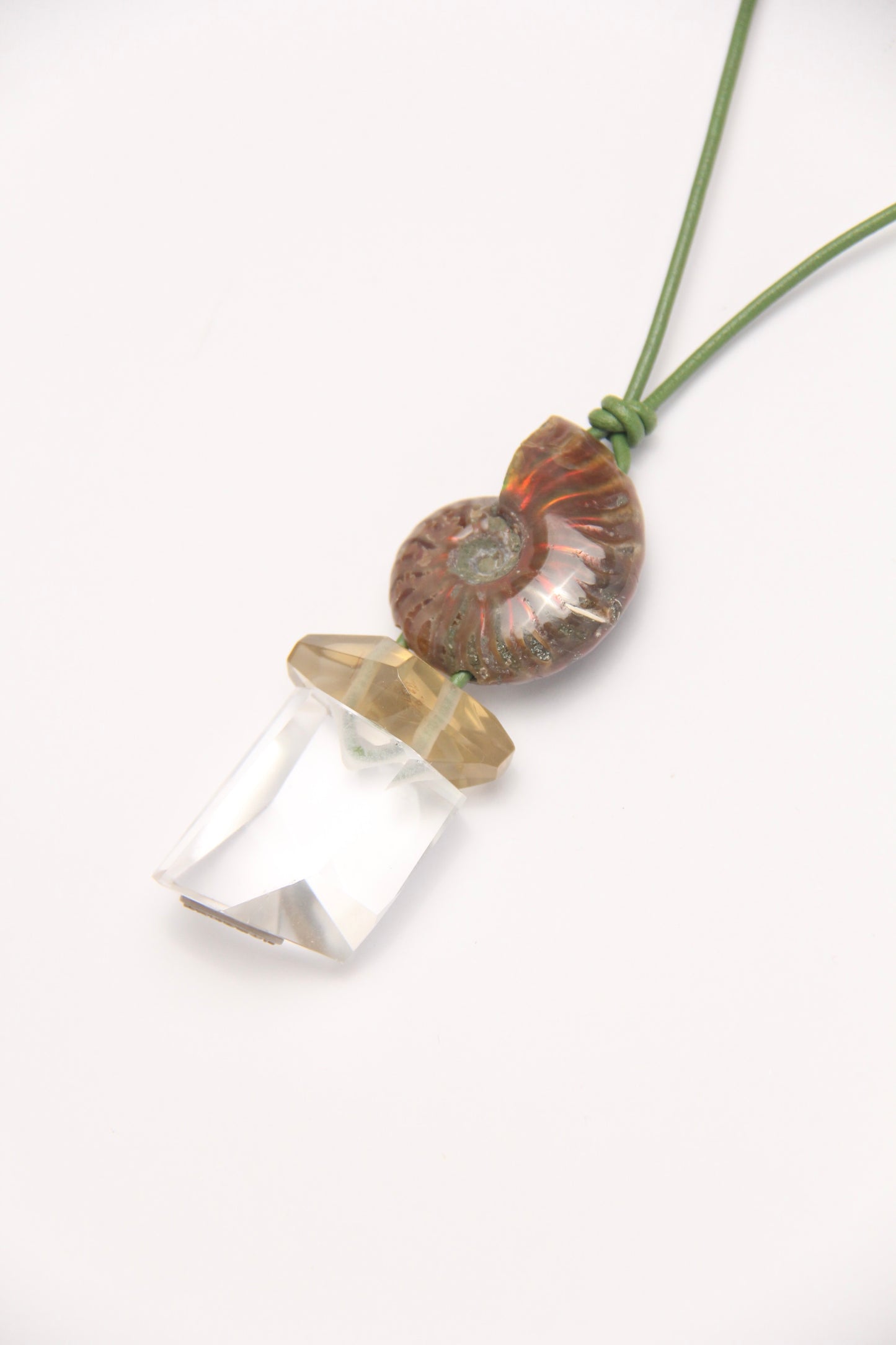 Pendant: ammonite, citrine, quartz