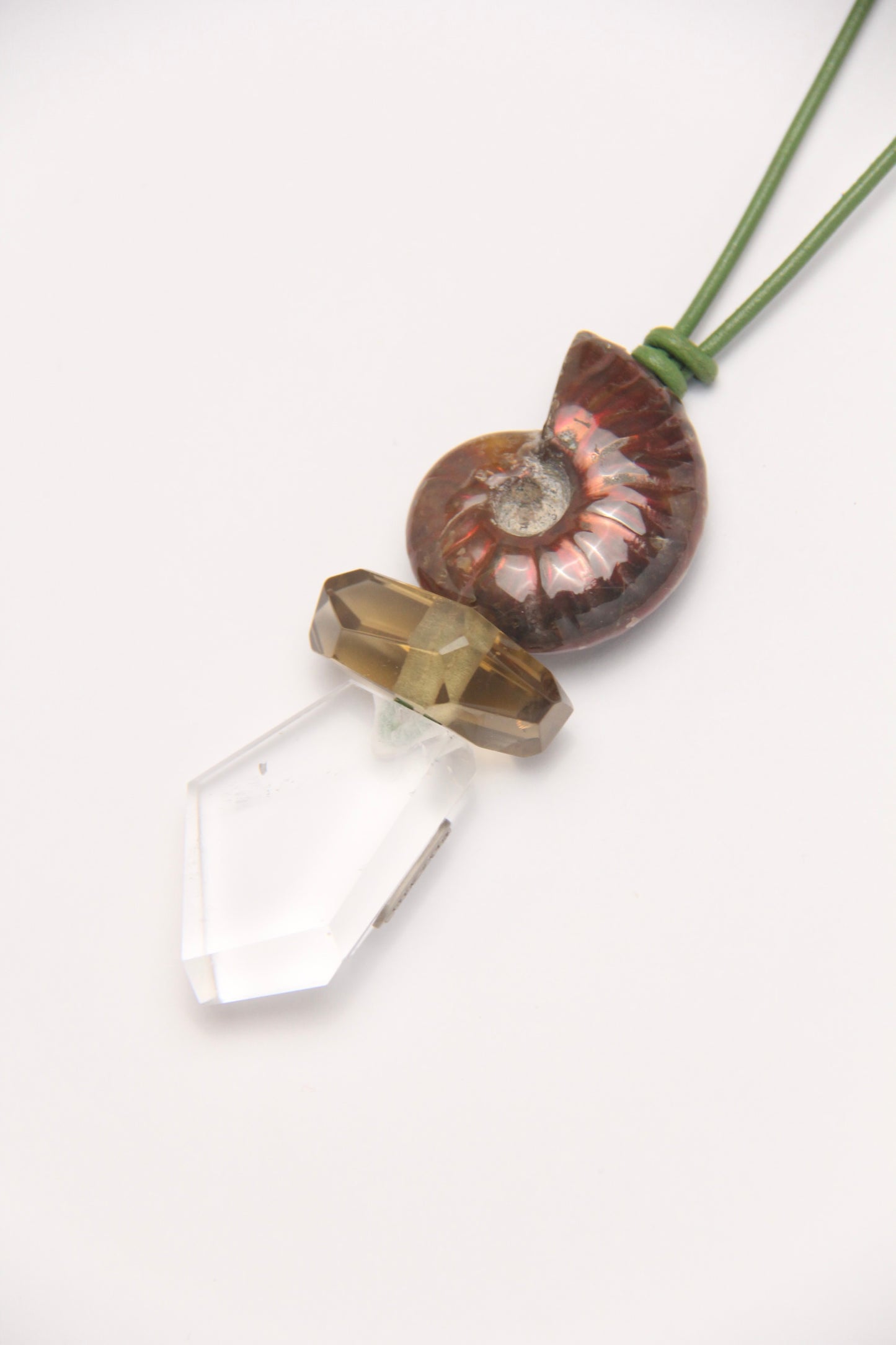 Pendant: ammonite, citrine, quartz