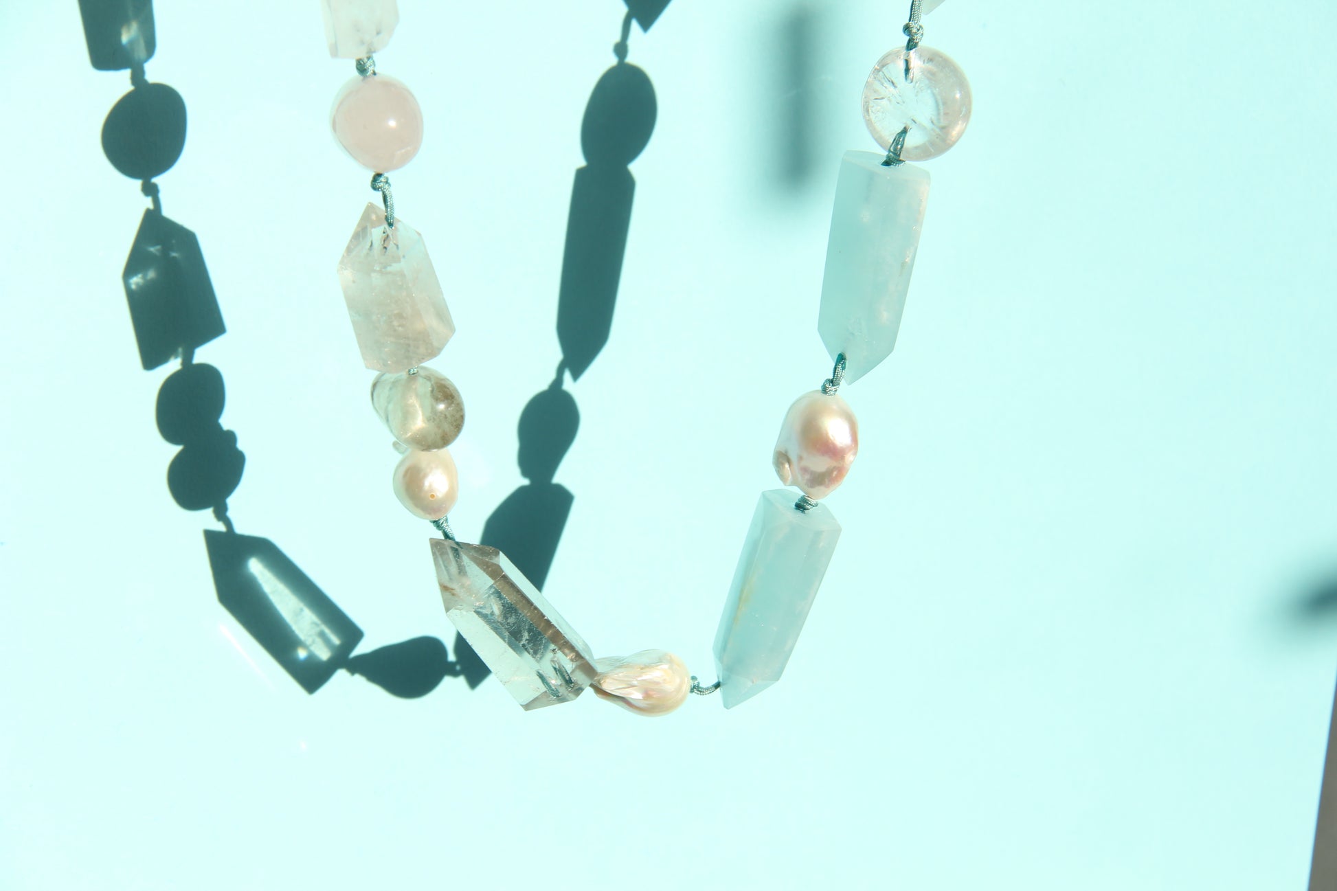 Chunky Crystal Necklace/Chunky Statement Necklace: aquamarine, pearls, rose quartz, white crystal, smoky quartz