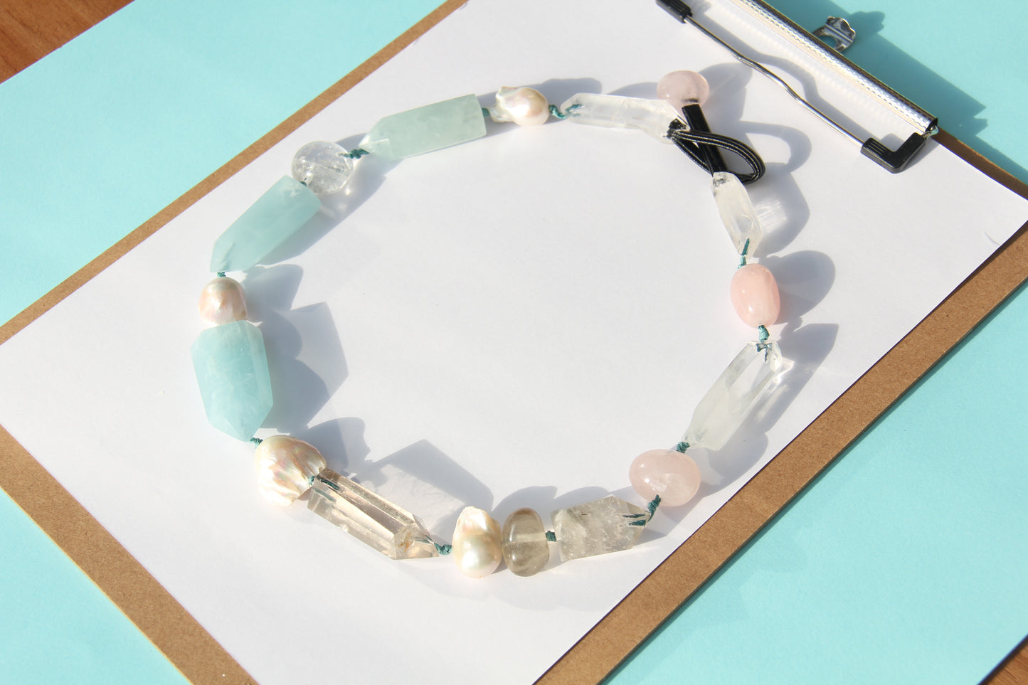 Chunky Crystal Necklace/Chunky Statement Necklace: aquamarine, pearls, rose quartz, white crystal, smoky quartz