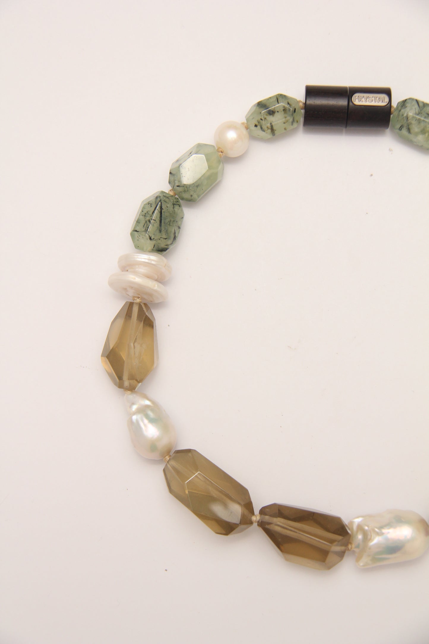 Necklace: pearls, citrine, prehnite, ebony