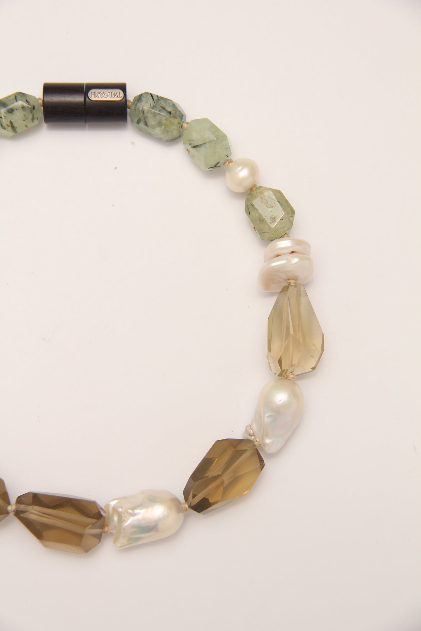 Necklace: pearls, citrine, prehnite, ebony