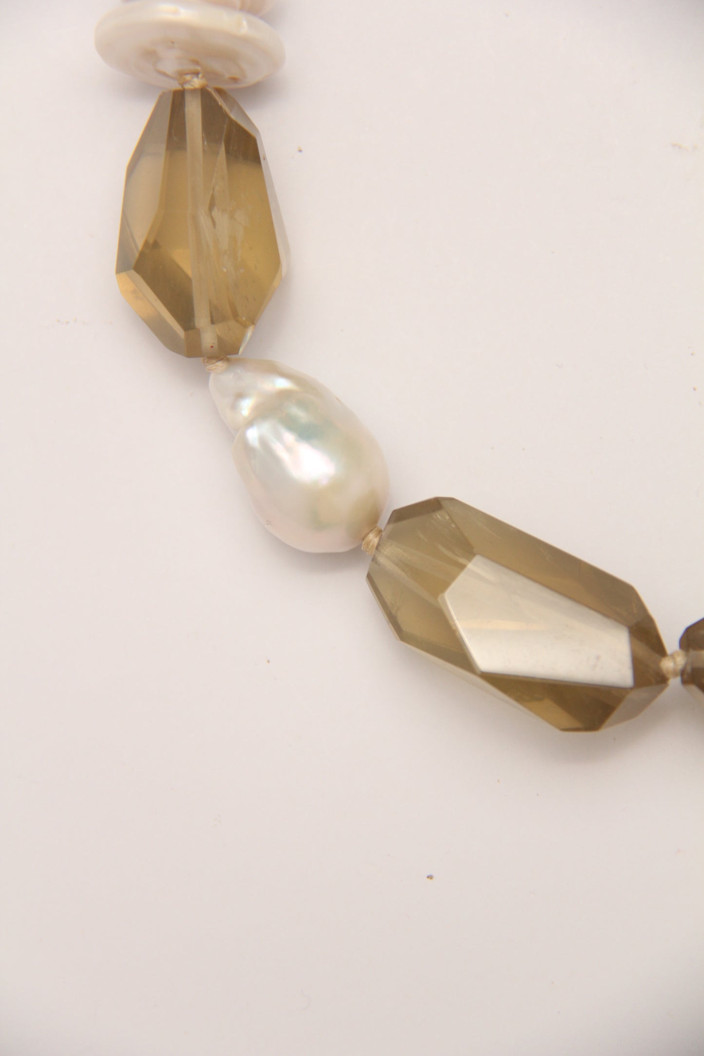 Necklace: pearls, citrine, prehnite, ebony