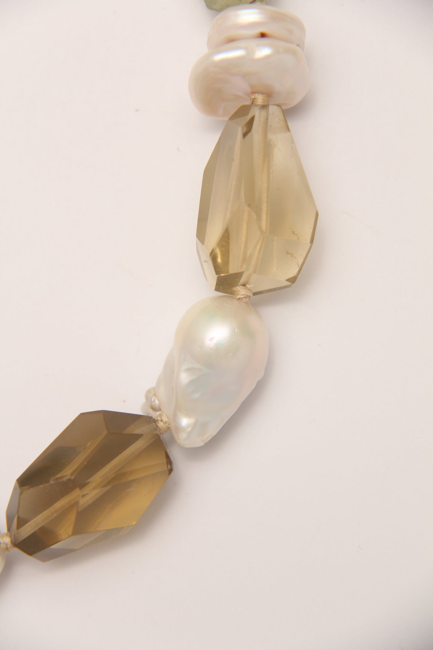 Necklace: pearls, citrine, prehnite, ebony