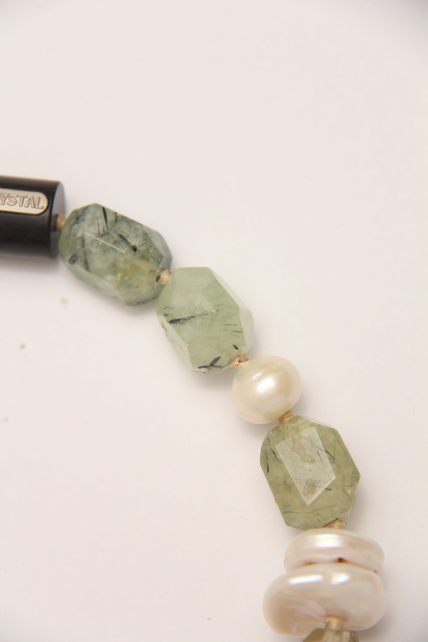 Necklace: pearls, citrine, prehnite, ebony