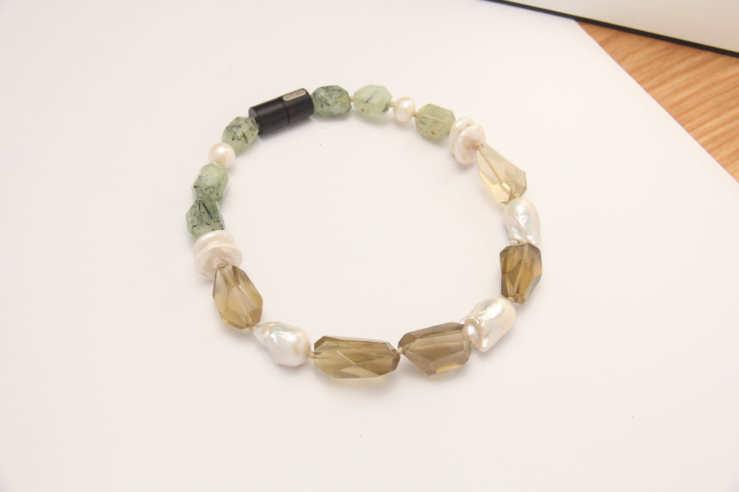 Necklace: pearls, citrine, prehnite, ebony