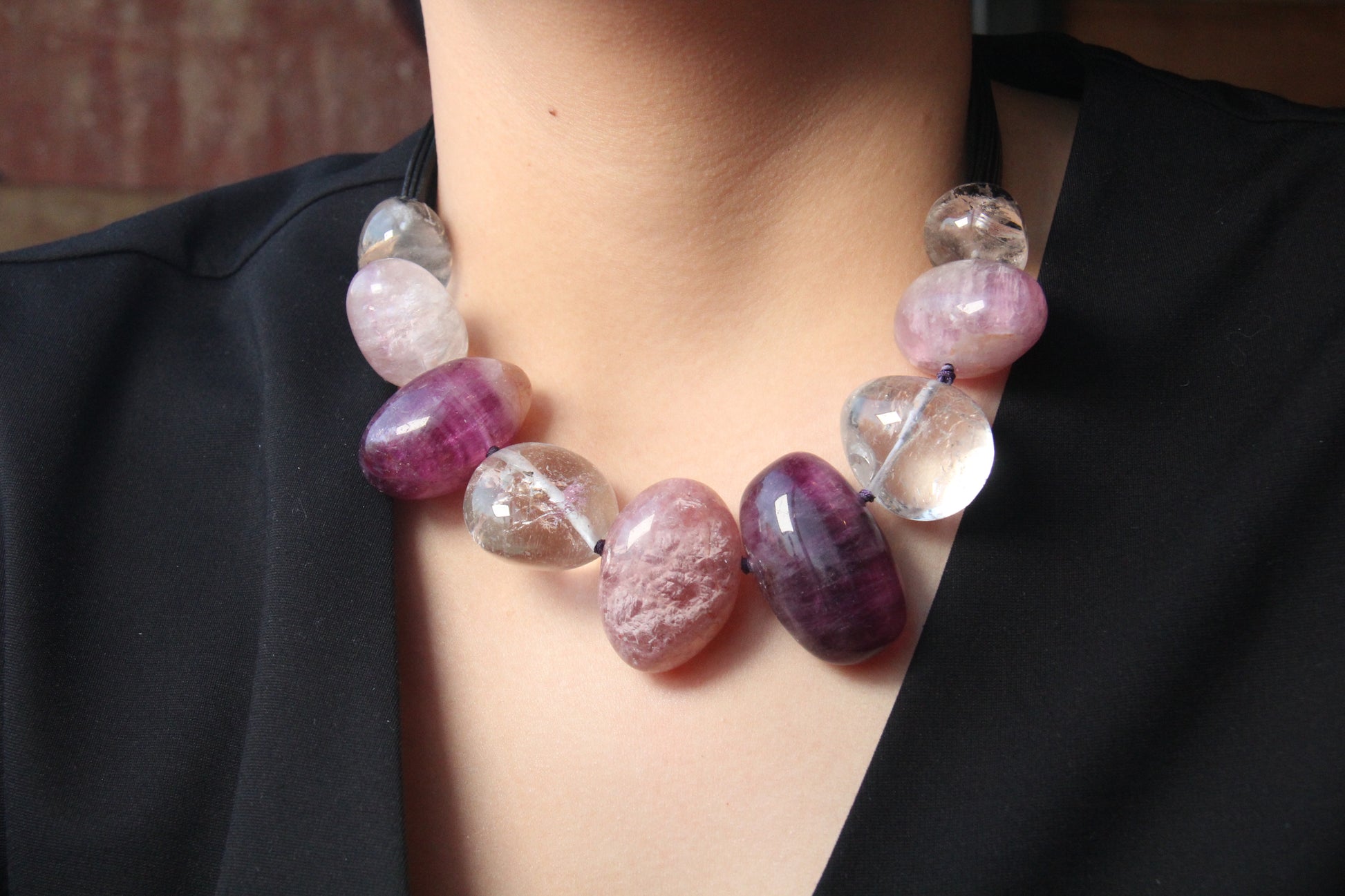 Chunky Crystal Necklace/Chunky Statement Necklace: purple fluorite, white crystal