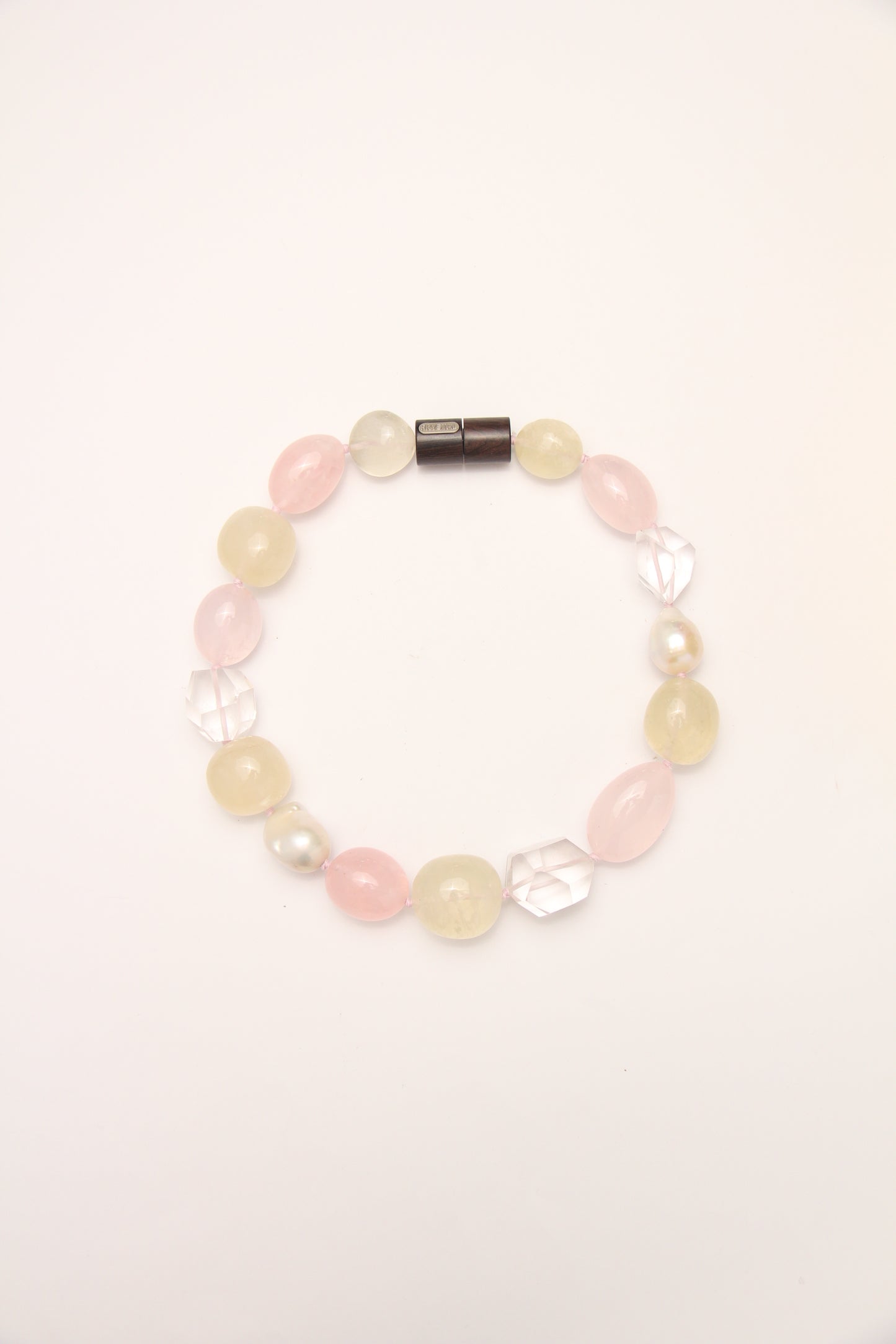 Necklace: pearls, citrine, rose quartz, quartz, ebony
