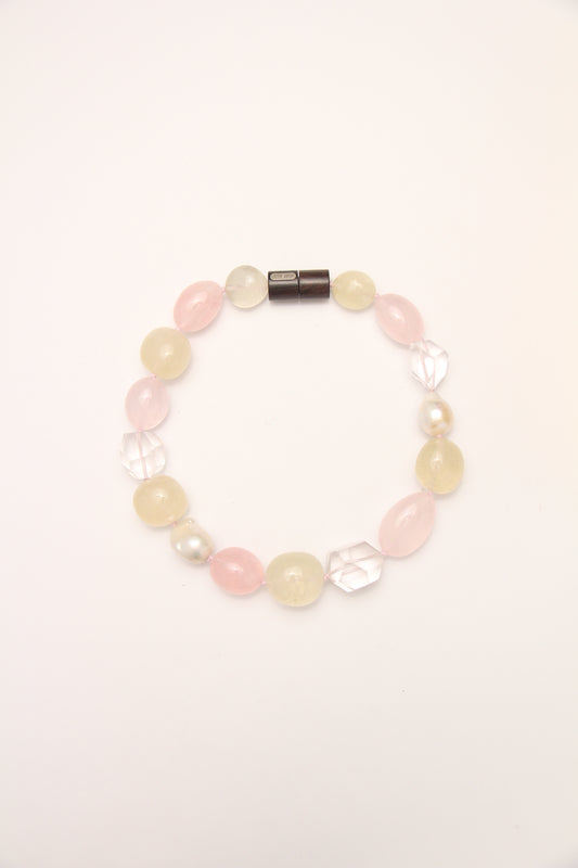 Necklace: pearls, citrine, rose quartz, quartz, ebony