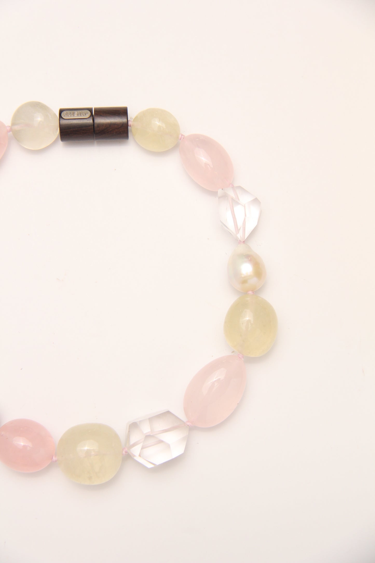 Necklace: pearls, citrine, rose quartz, quartz, ebony