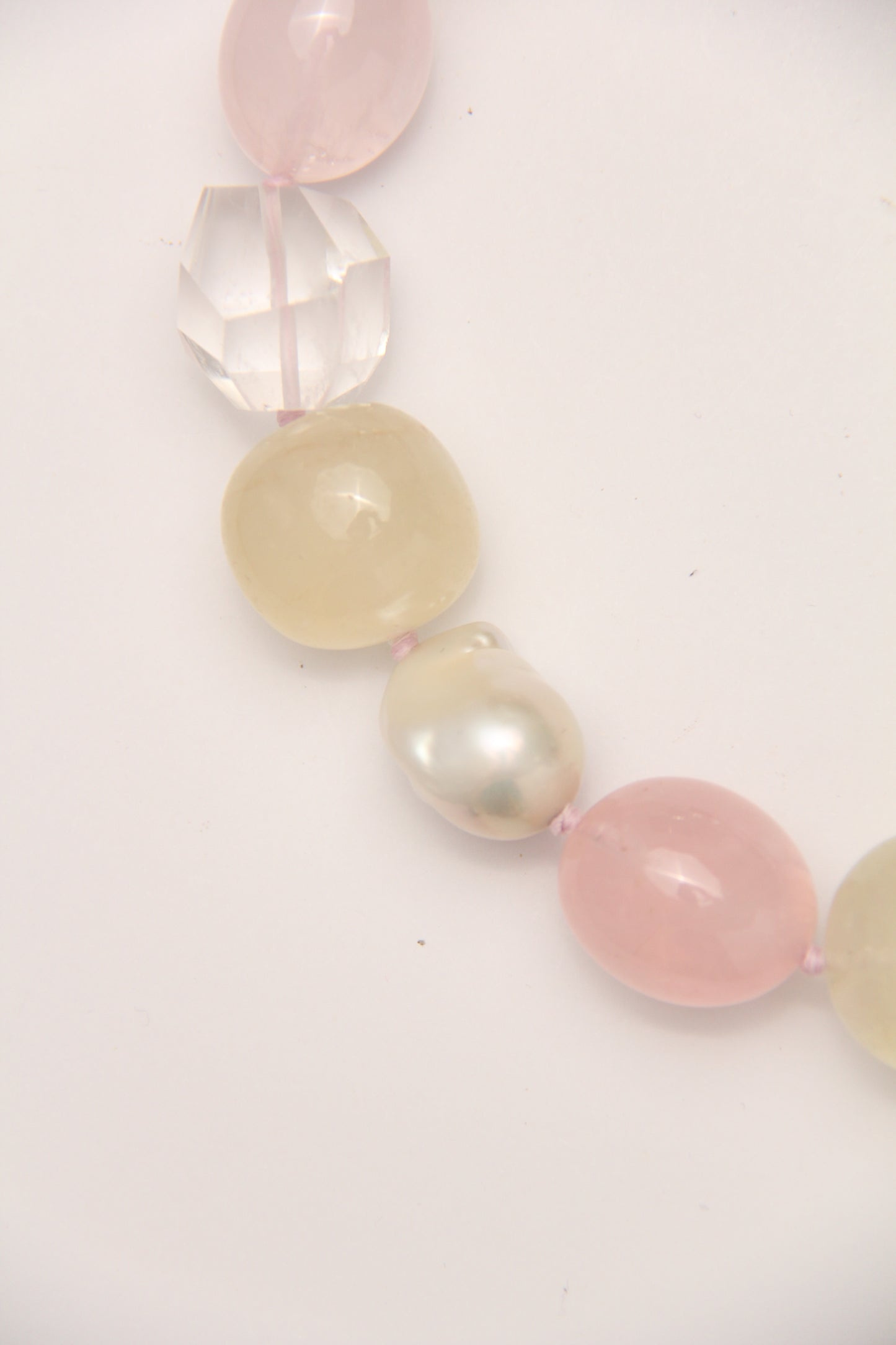 Necklace: pearls, citrine, rose quartz, quartz, ebony