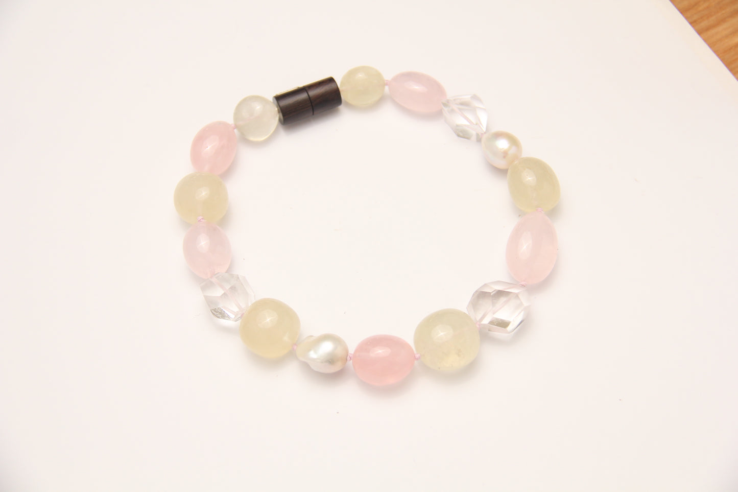 Necklace: pearls, citrine, rose quartz, quartz, ebony