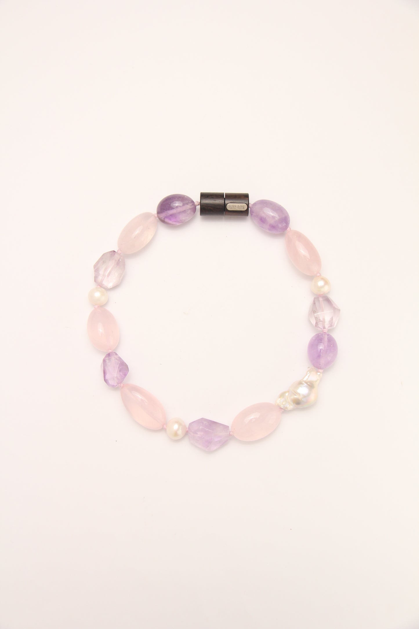 Necklace: pearls, rose quartz, amethyst, ebony