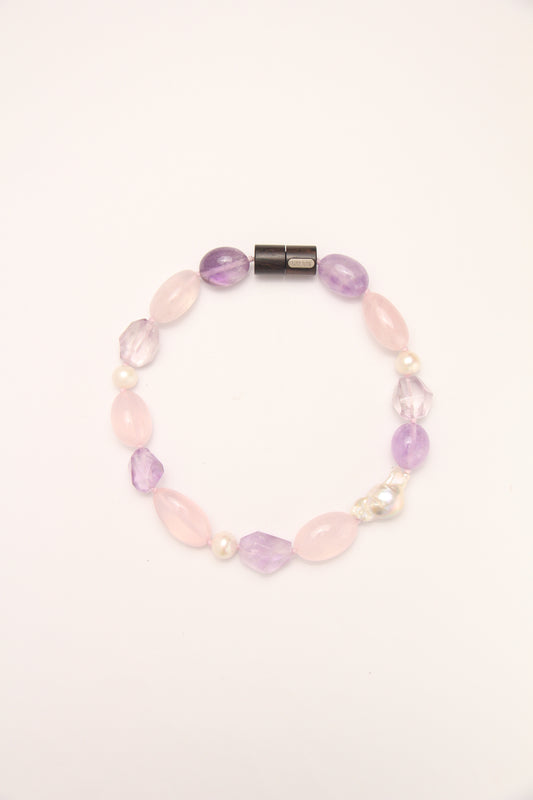 Necklace: pearls, rose quartz, amethyst, ebony