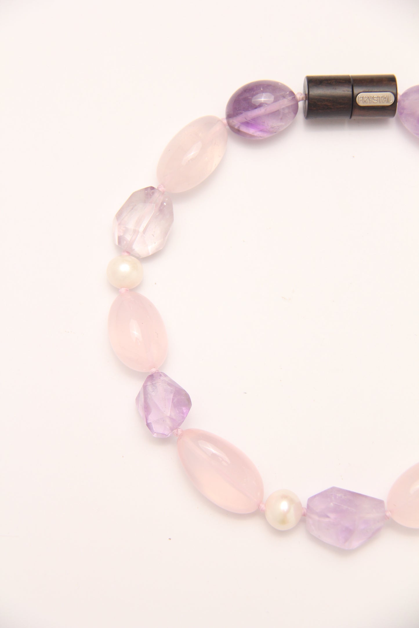 Necklace: pearls, rose quartz, amethyst, ebony
