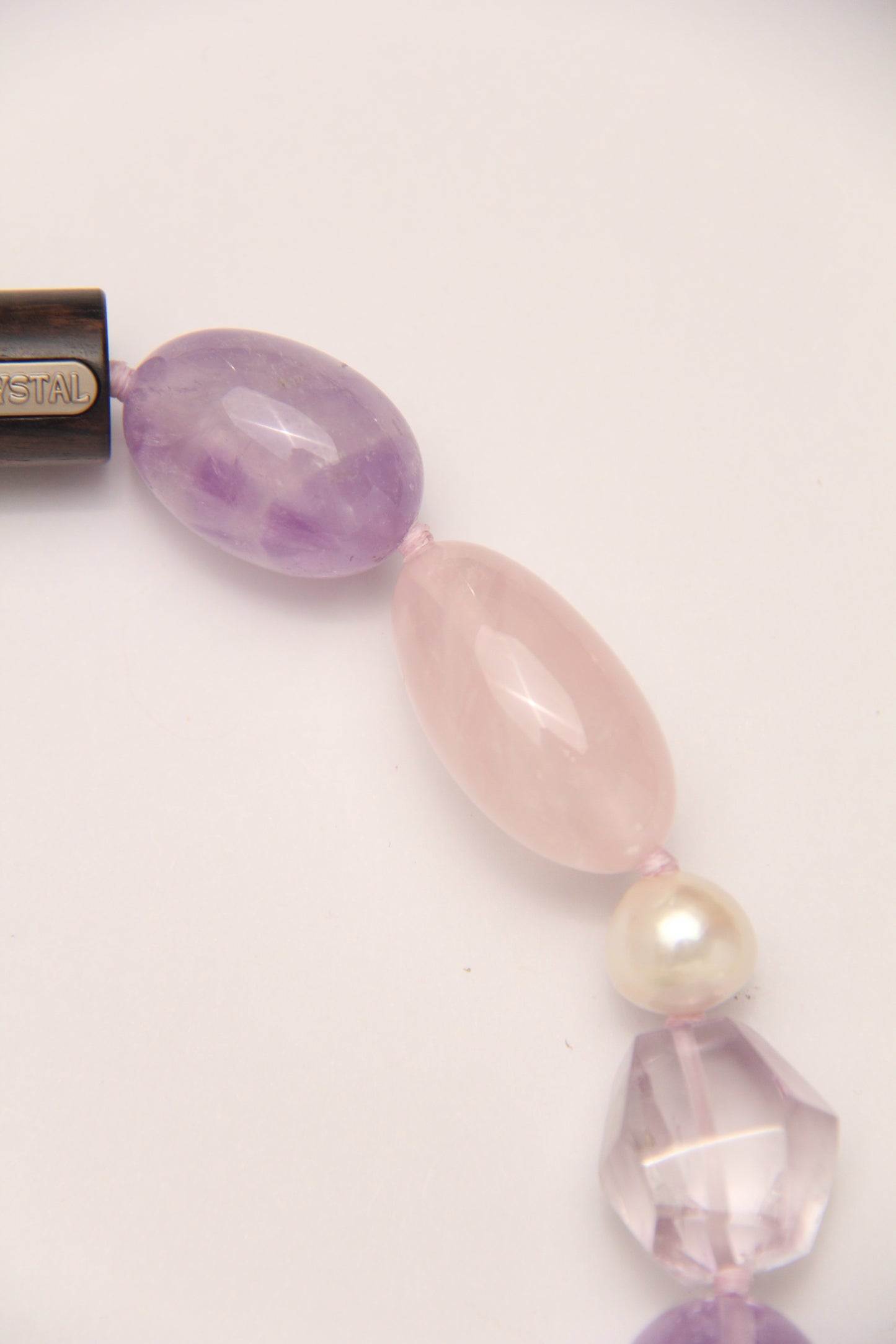 Necklace: pearls, rose quartz, amethyst, ebony