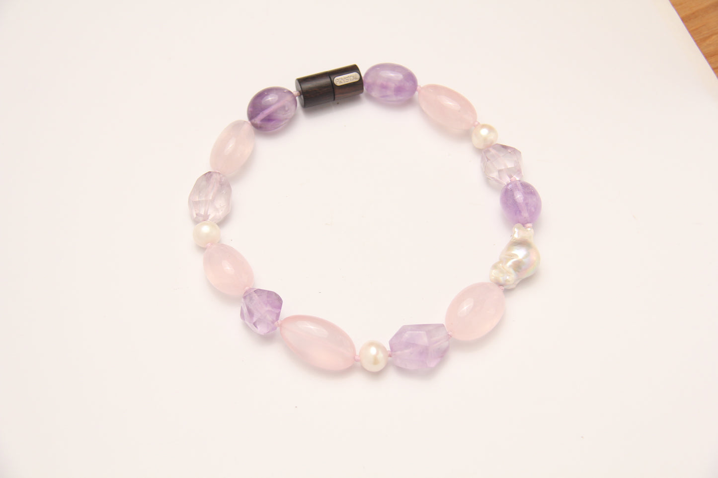 Necklace: pearls, rose quartz, amethyst, ebony