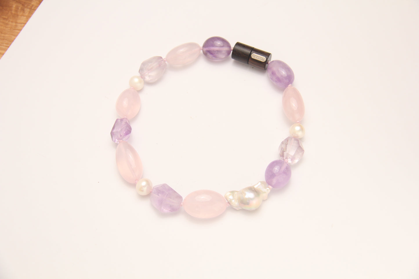 Necklace: pearls, rose quartz, amethyst, ebony