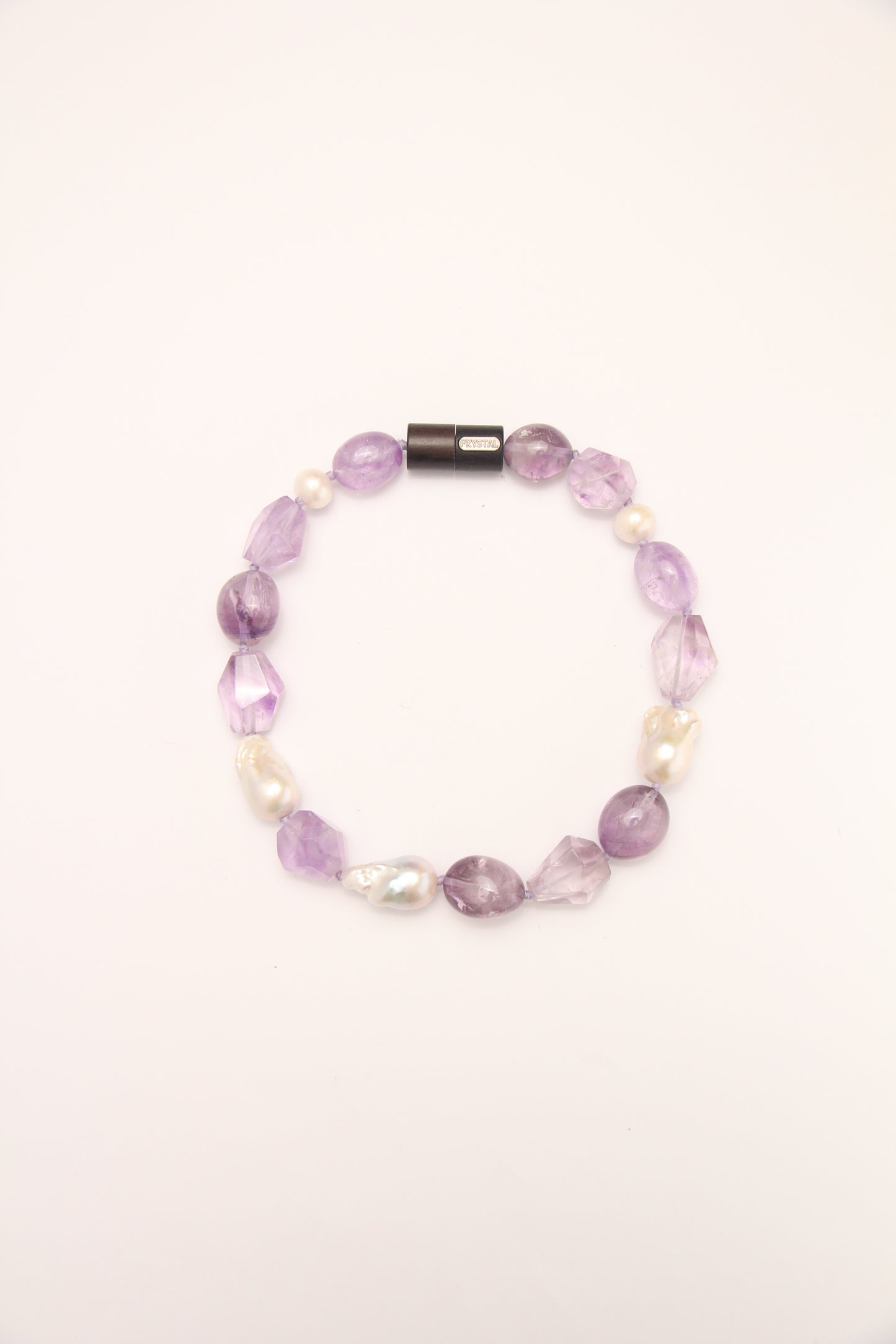 Necklace: pearls, amethyst, ebony