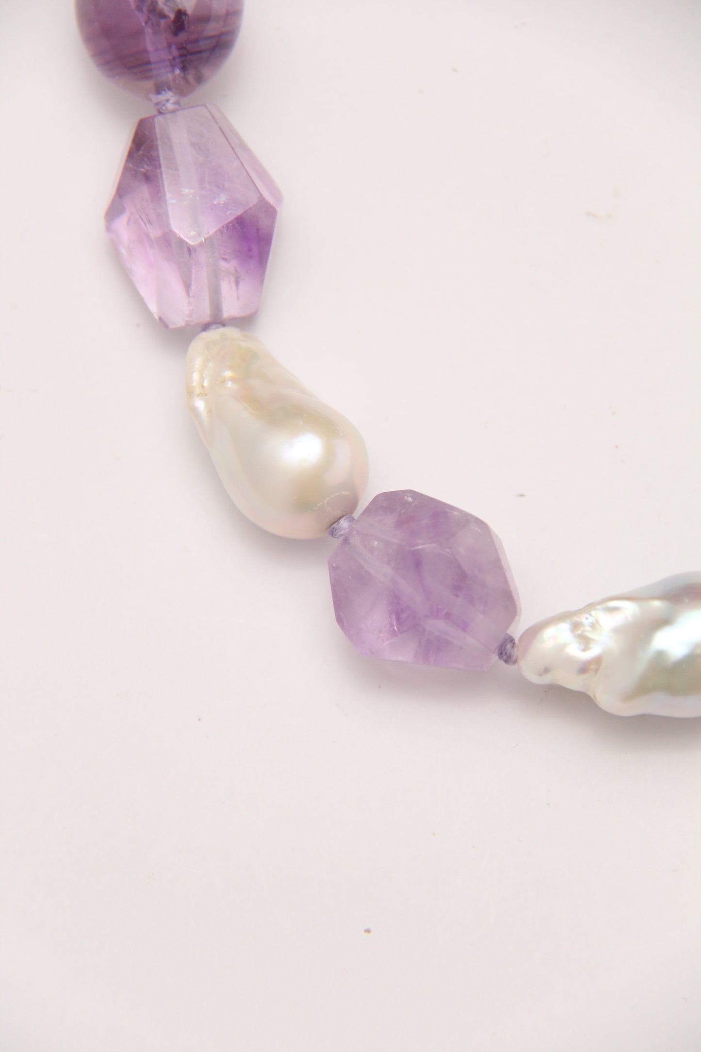 Necklace: pearls, amethyst, ebony