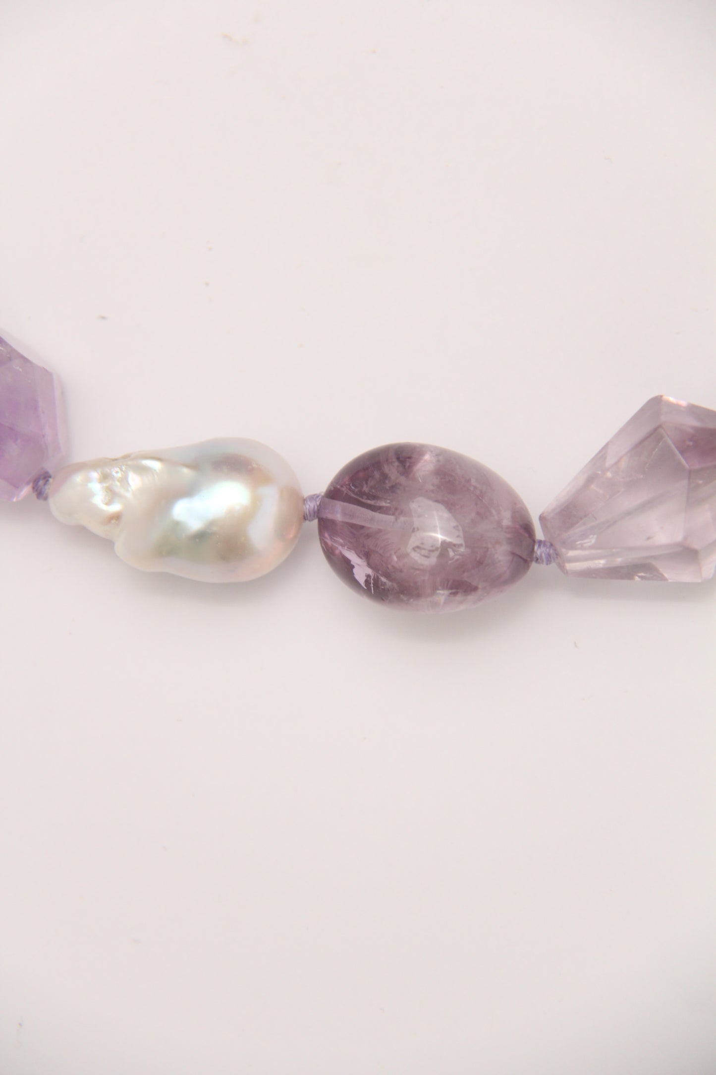 Necklace: pearls, amethyst, ebony