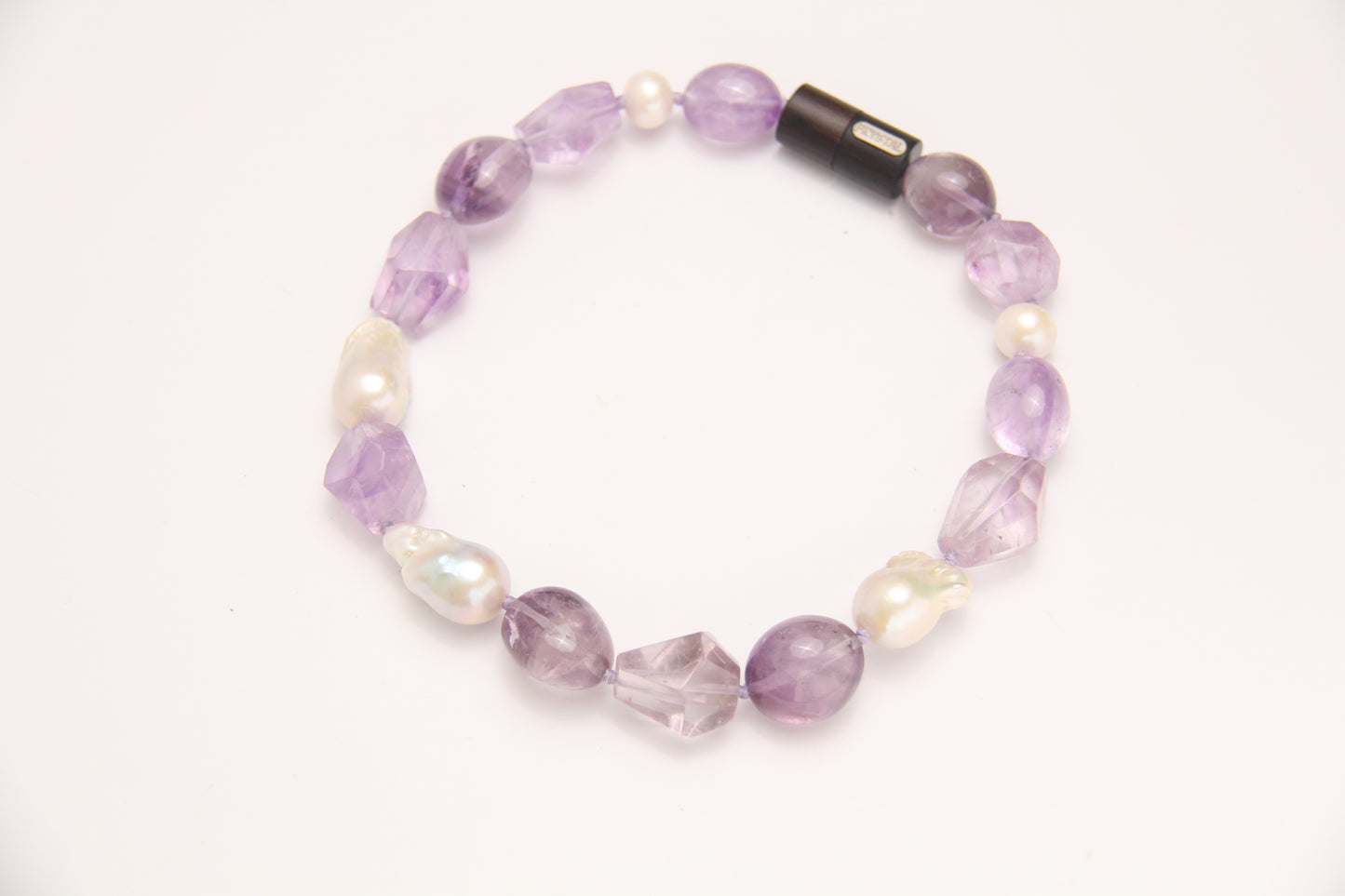 Necklace: pearls, amethyst, ebony