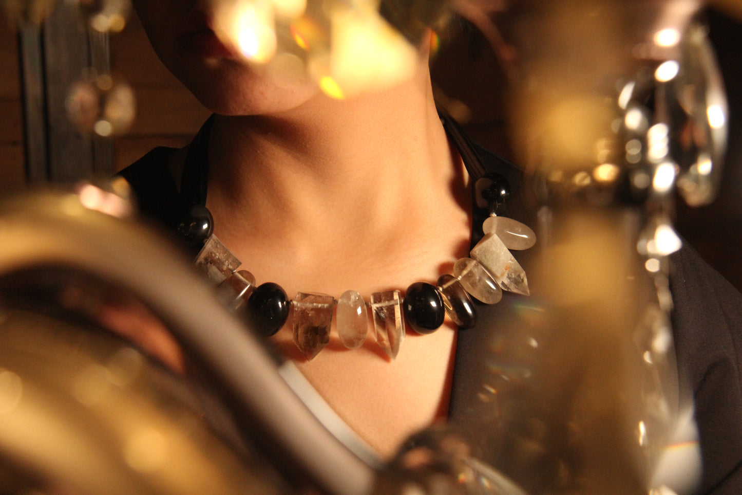 Chunky Crystal Necklace/Chunky Statement Necklace: phantom crystal, smoky quartz, obsidian