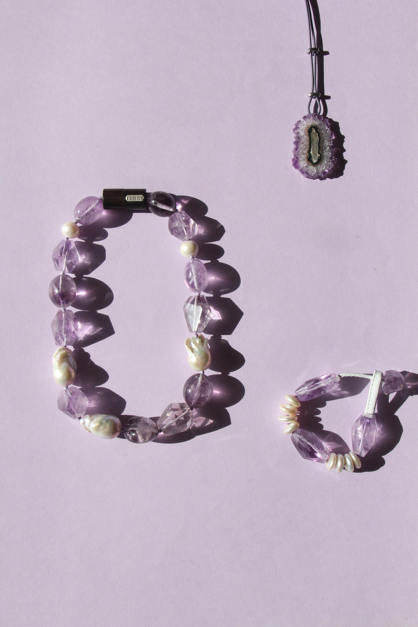 Necklace: pearls, amethyst, ebony