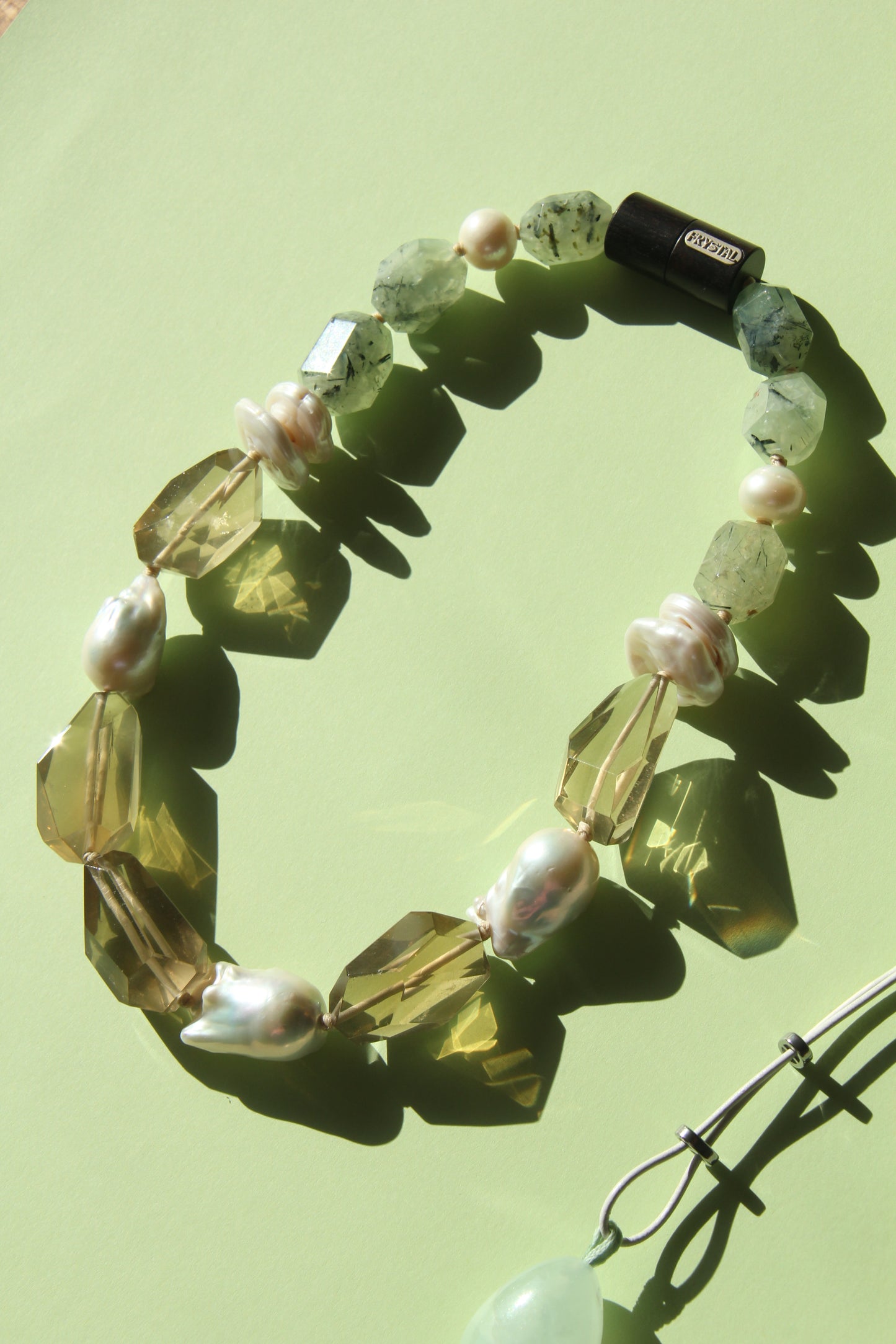 Necklace: pearls, citrine, prehnite, ebony