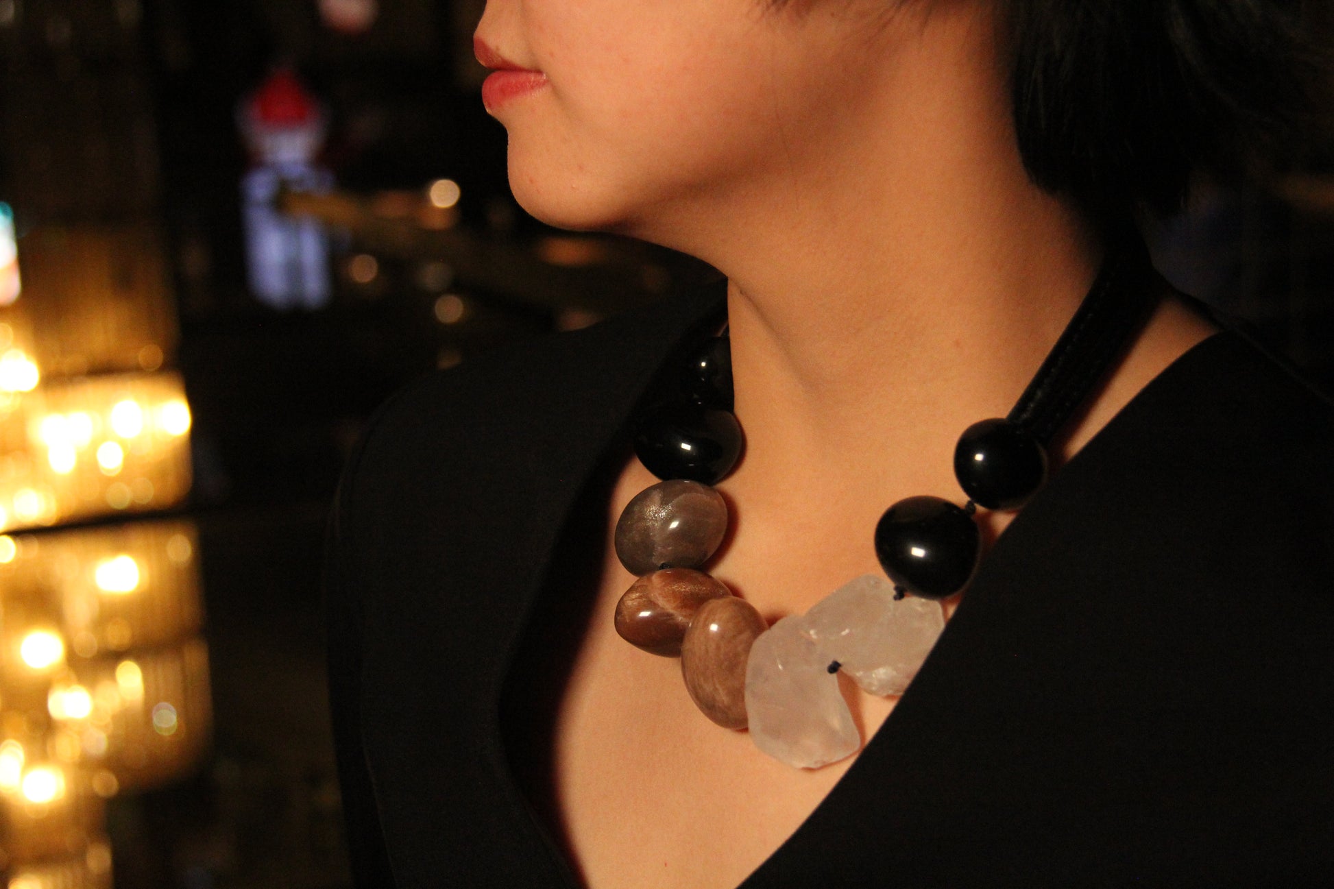 Chunky Crystal Necklace/Chunky Statement Necklace: sunstone, white crystal, obsidian