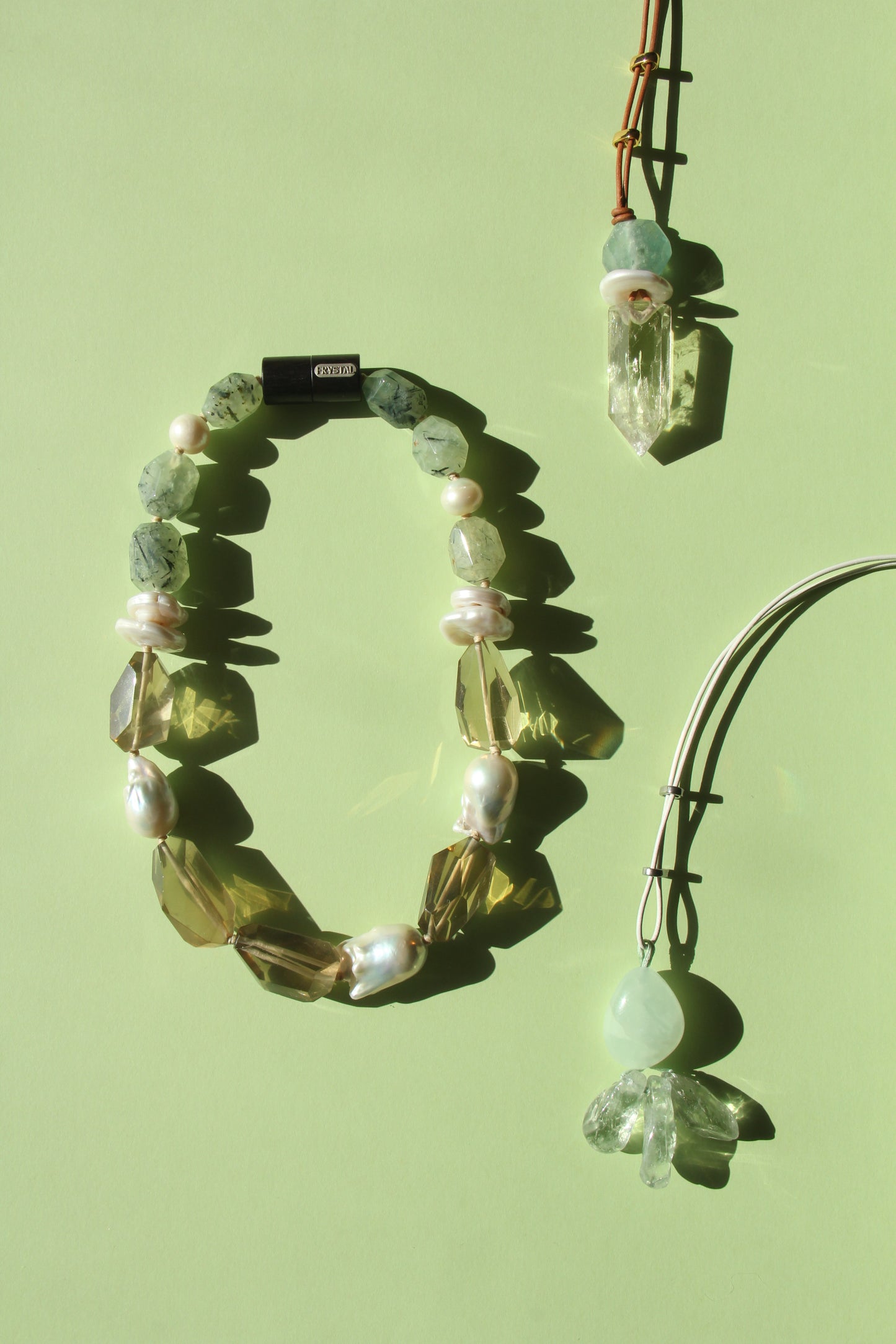 Necklace: pearls, citrine, prehnite, ebony