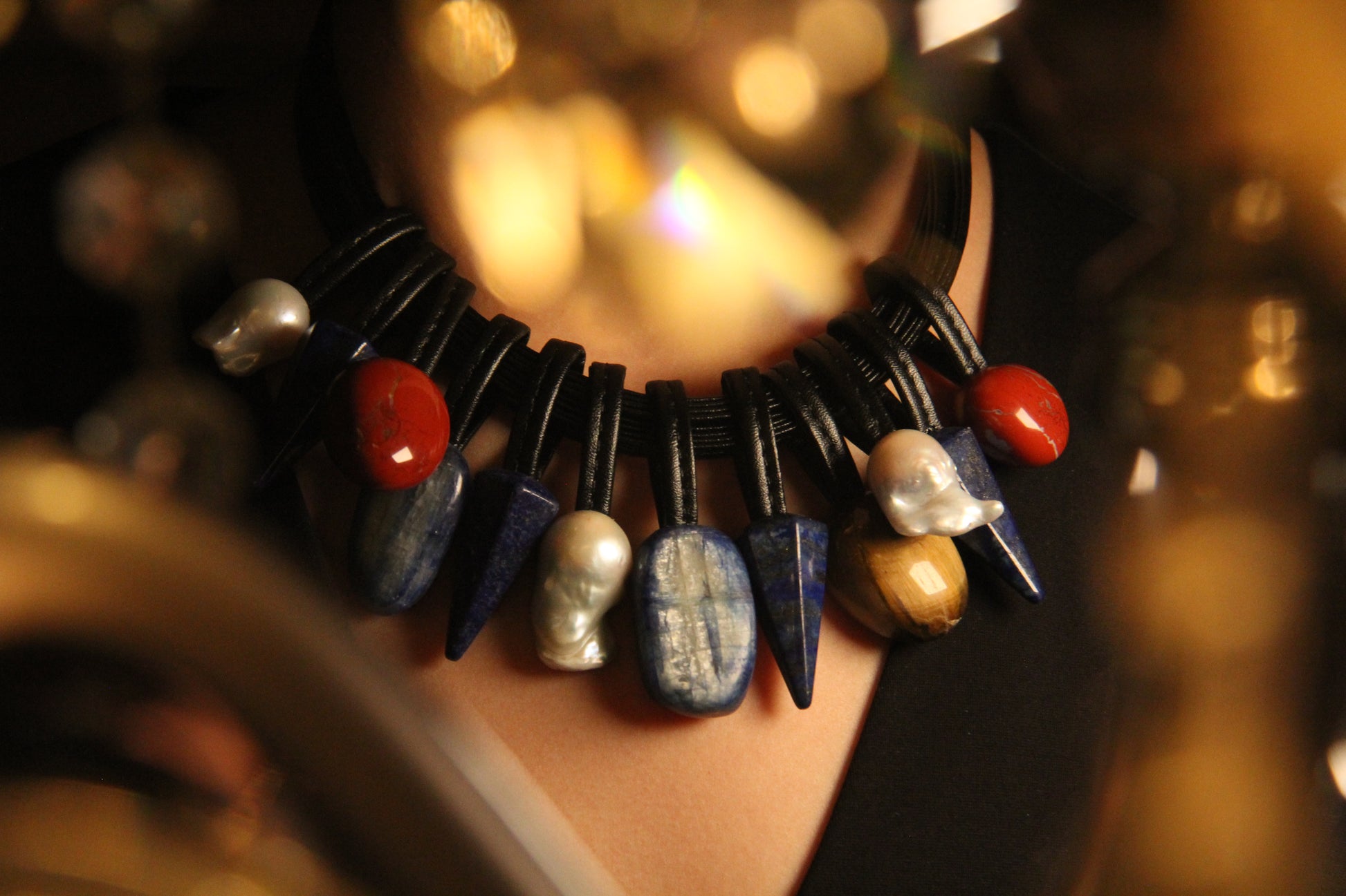 Chunky Crystal Necklace/Chunky Statement Necklace: Kyanite, lapis lazuli, pearls, red jasper stone, tiger's eye stone