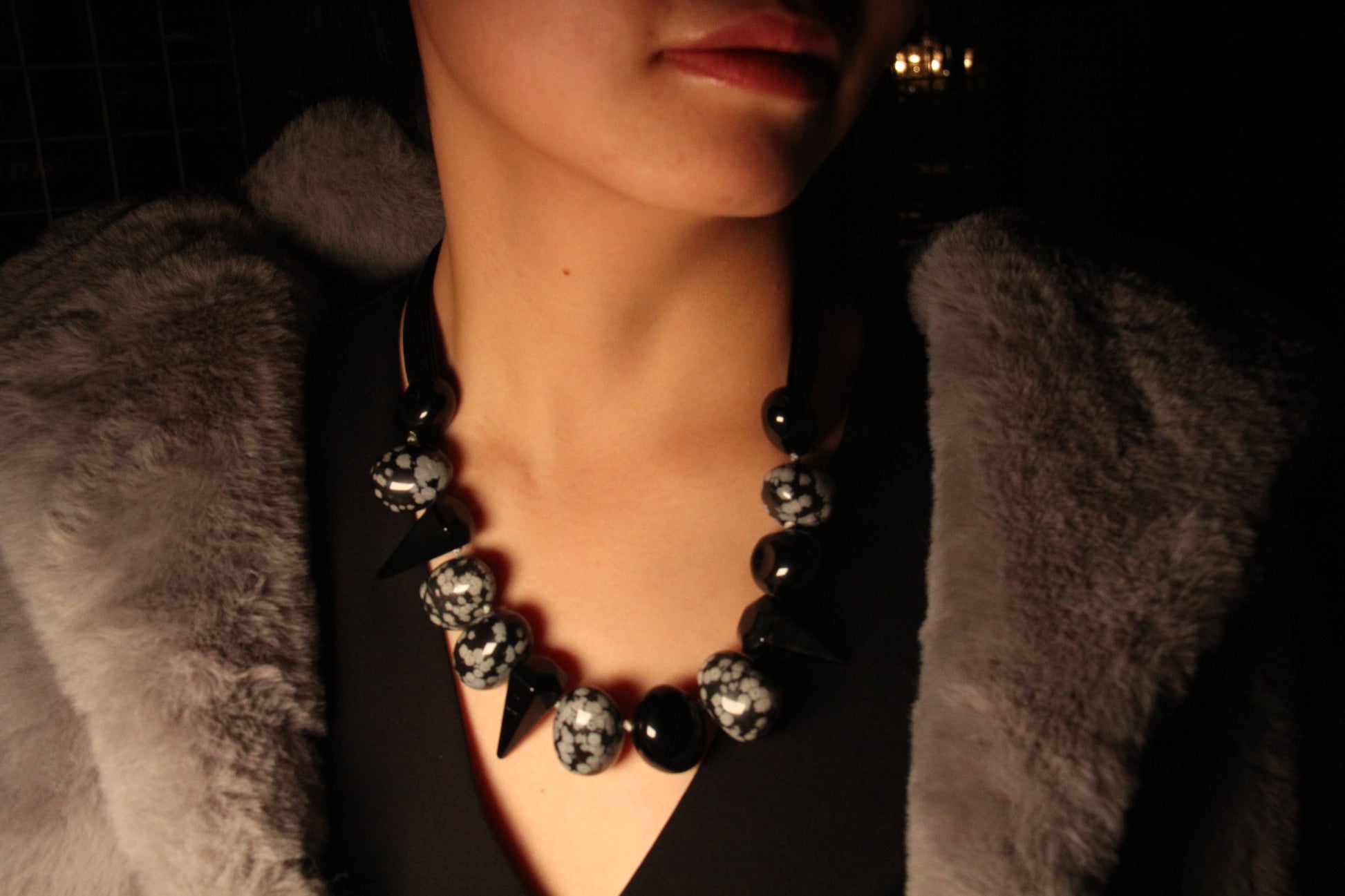 Chunky Crystal Necklace/Chunky Statement Necklace: snowflake obsidian, obsidian