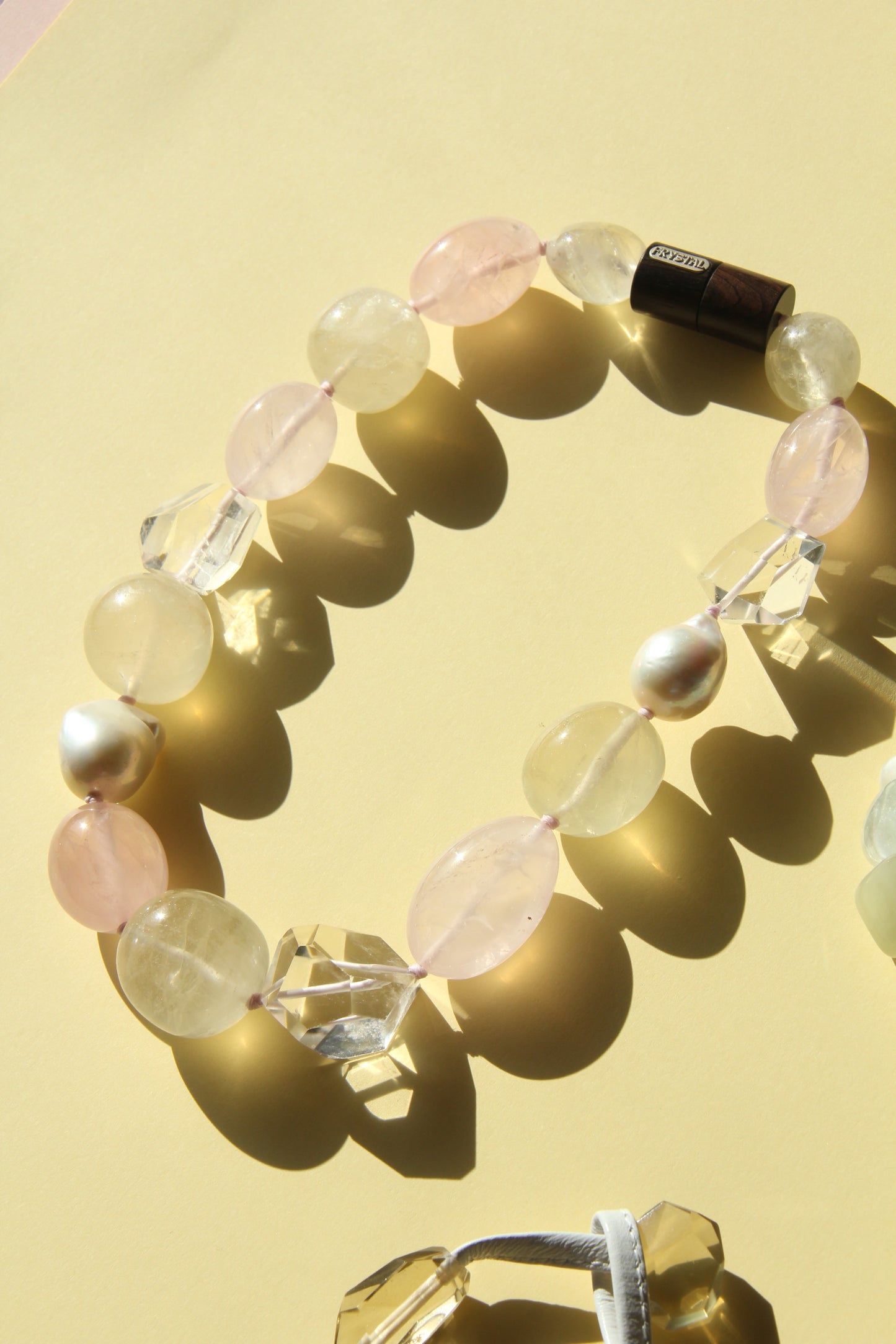 Necklace: pearls, citrine, rose quartz, quartz, ebony