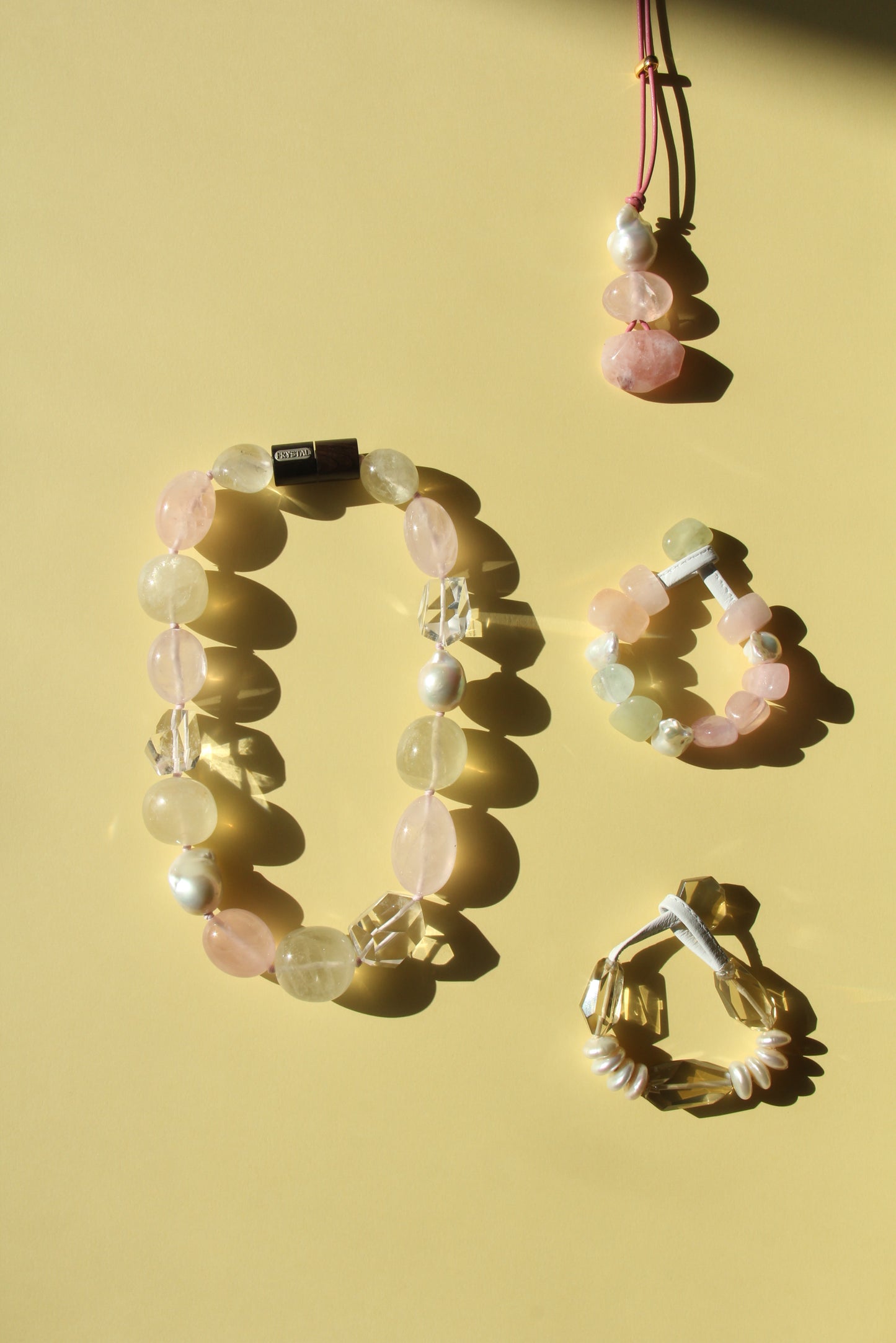Necklace: pearls, citrine, rose quartz, quartz, ebony
