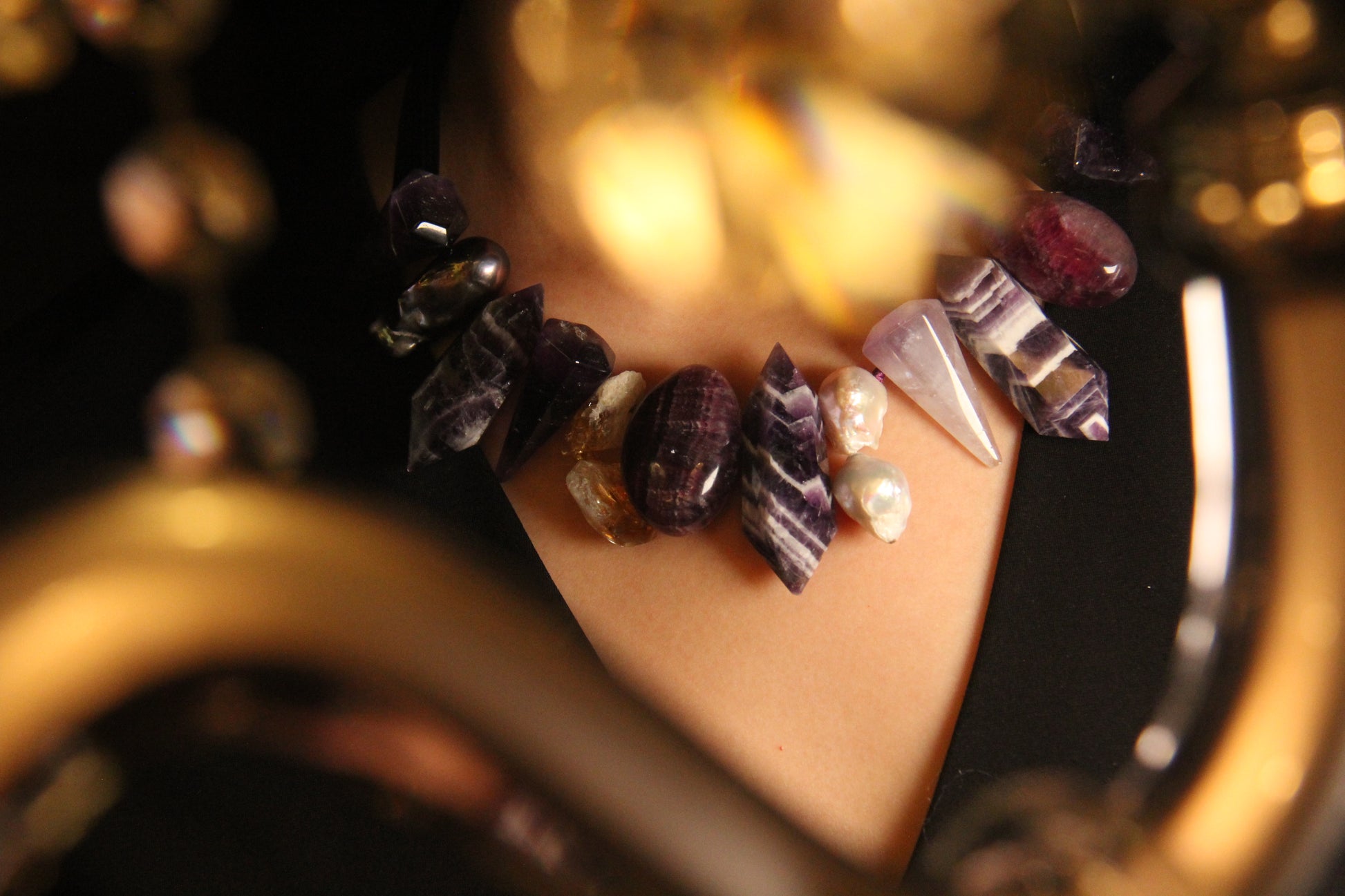 Chunky Crystal Necklace/Chunky Statement Necklace: dream amethyst, pearls, amethyst, citrine, purple fluorite