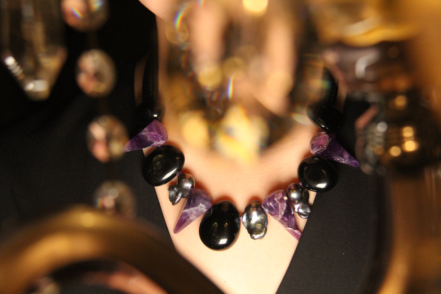 Chunky Crystal Necklace/Chunky Statement Necklace: pearls, obsidian, amethyst