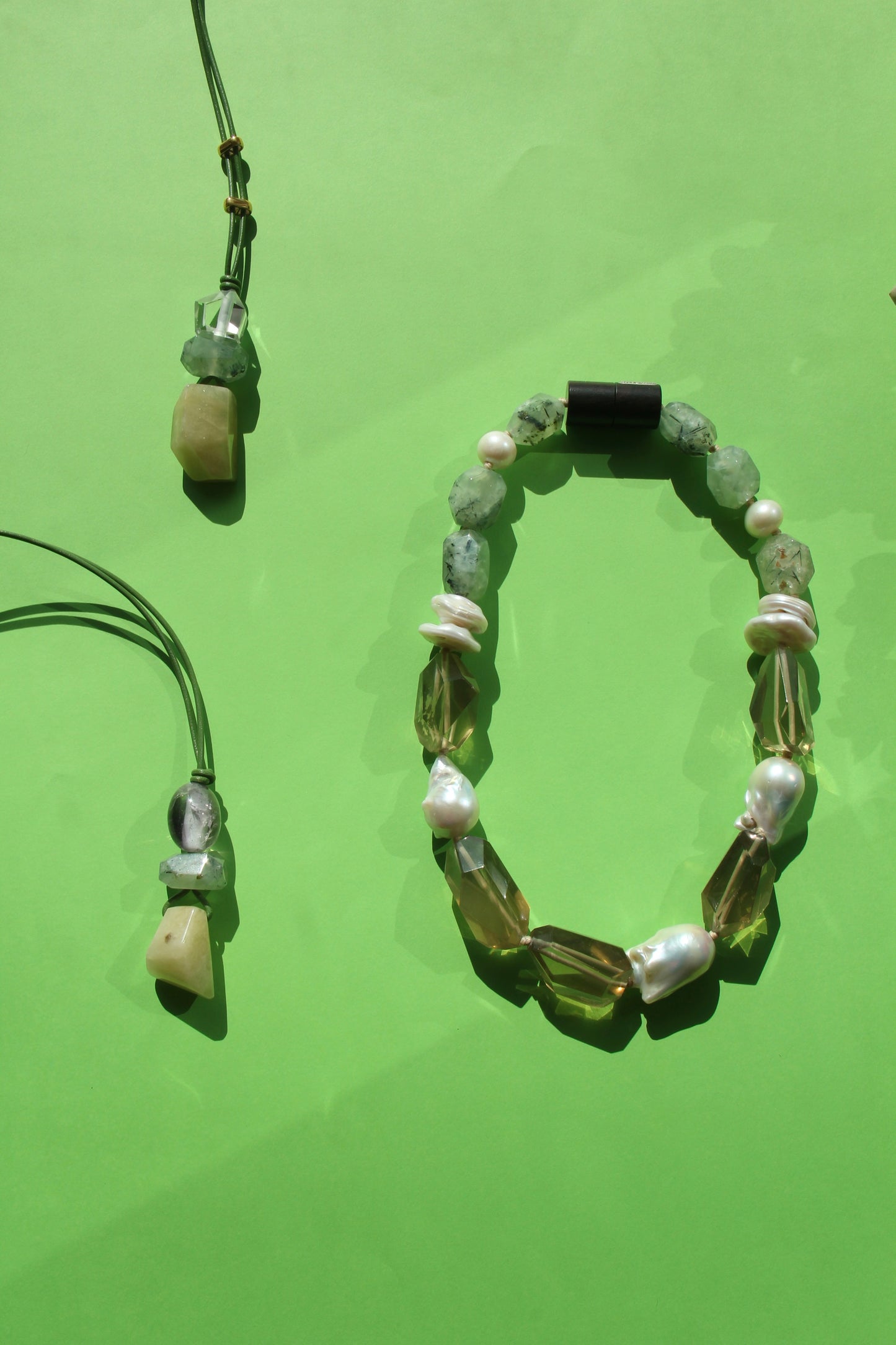 Pendant: quartz, prehnite, morganite