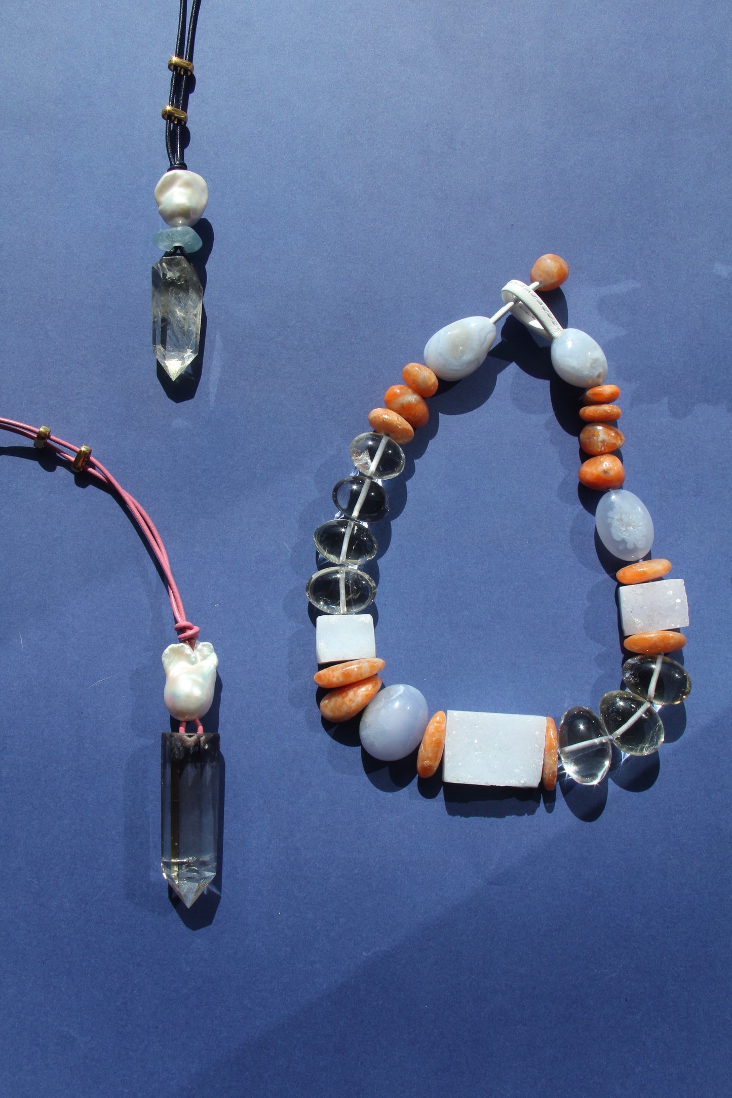 Pendant: pearl, morganite, citrine