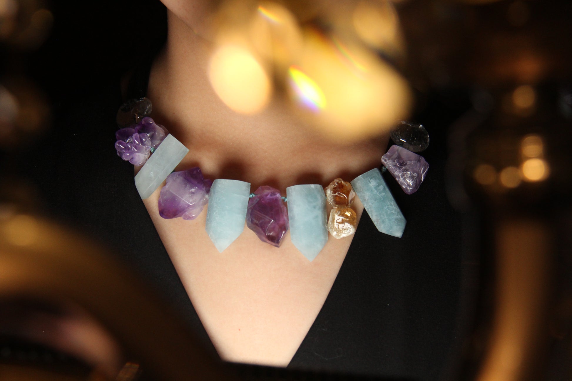 Chunky Crystal Necklace/Chunky Statement Necklace: aquamarine, amethyst, citrine, white crystal Length: 20.69inch (52.5cm) Weight: 6.19oz (175.49g)