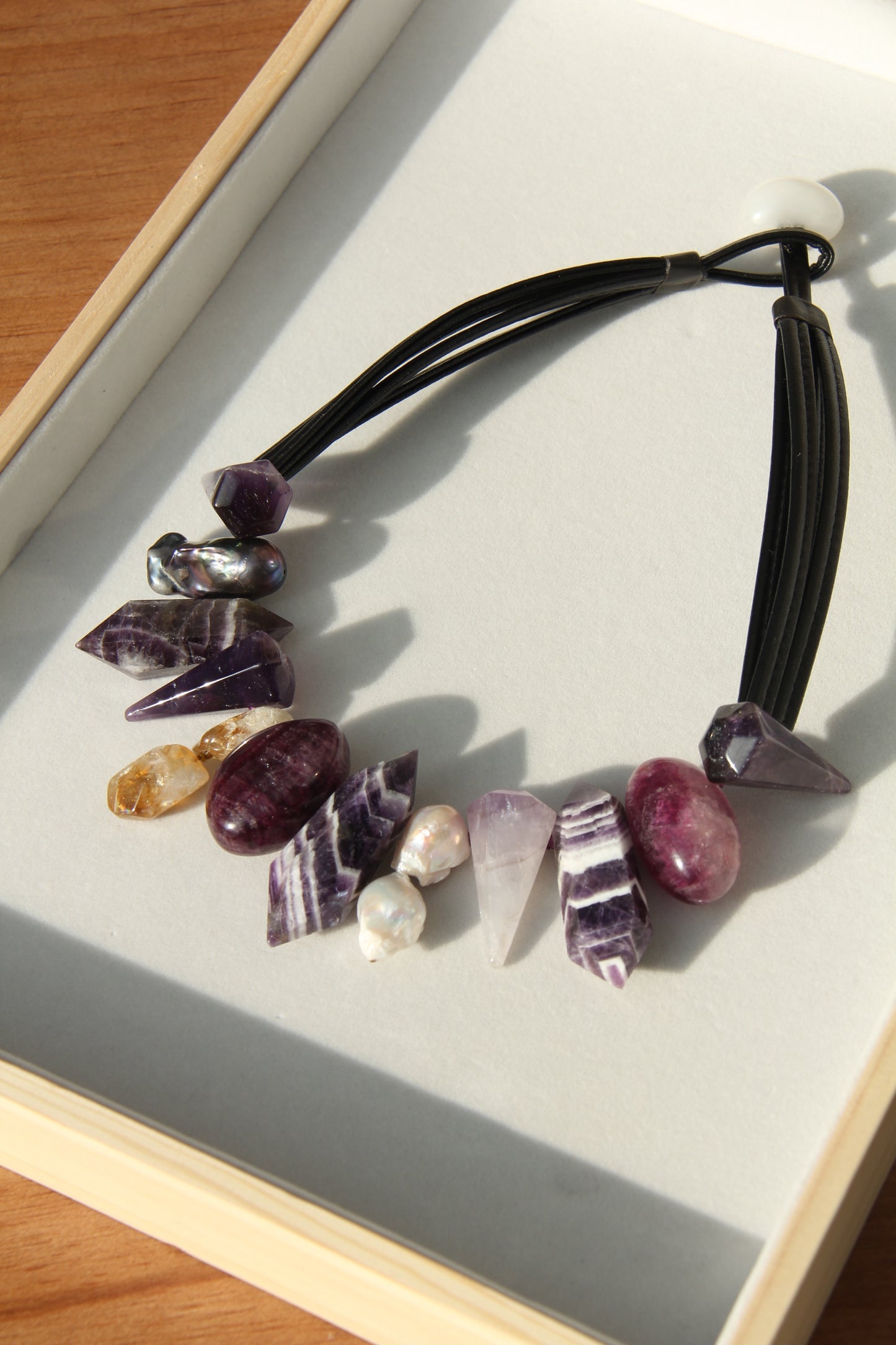 Chunky Crystal Necklace/Chunky Statement Necklace: dream amethyst, pearls, amethyst, citrine, purple fluorite