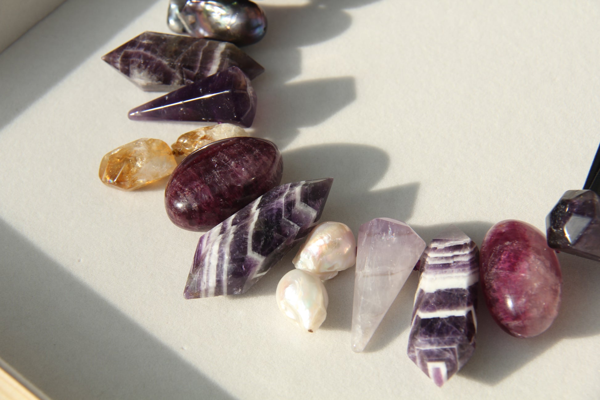 Chunky Crystal Necklace/Chunky Statement Necklace: dream amethyst, pearls, amethyst, citrine, purple fluorite