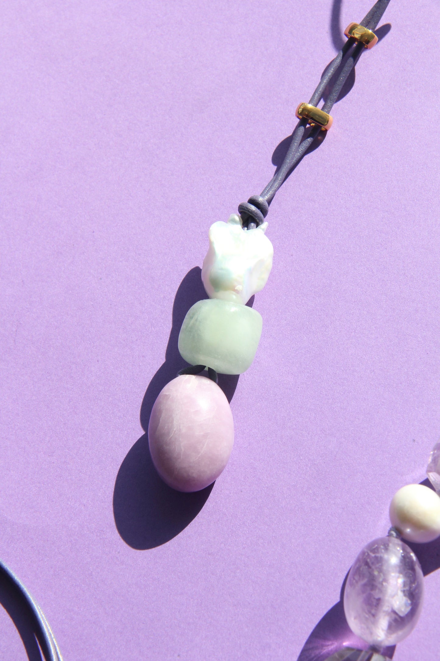 Pendant: pearl, morganite, lepidolite