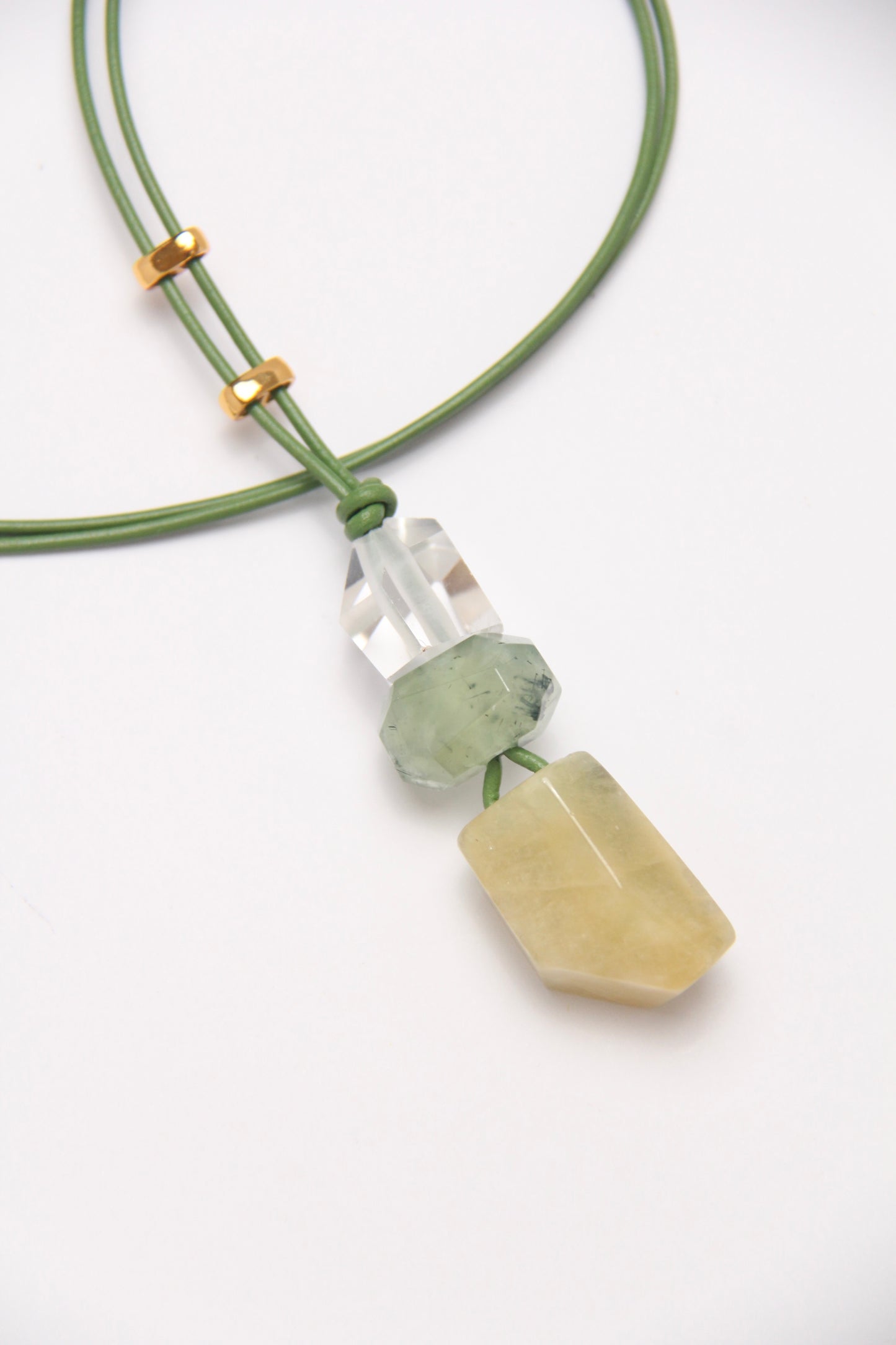 Pendant: quartz, prehnite, morganite