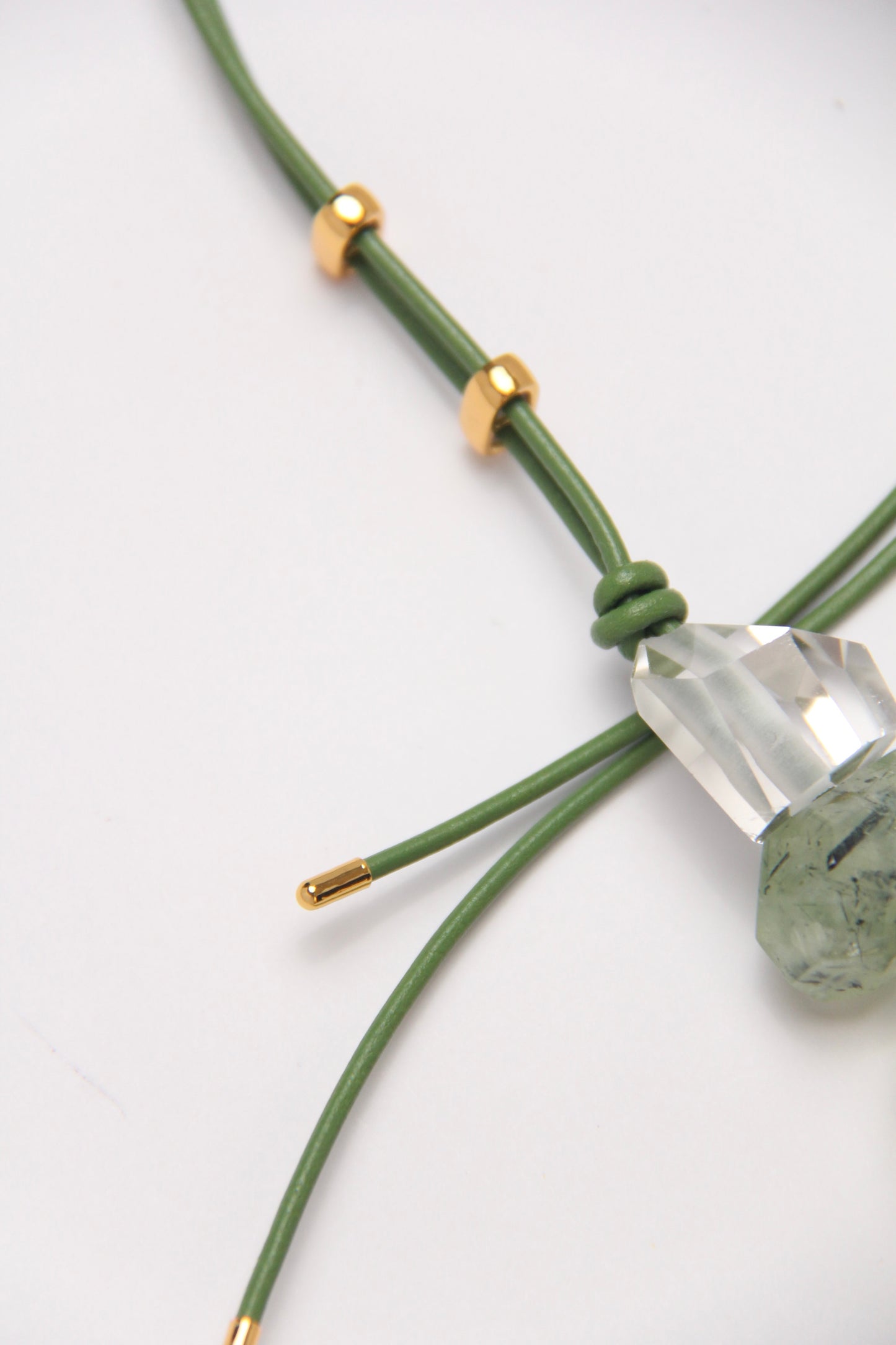Pendant: quartz, prehnite, morganite