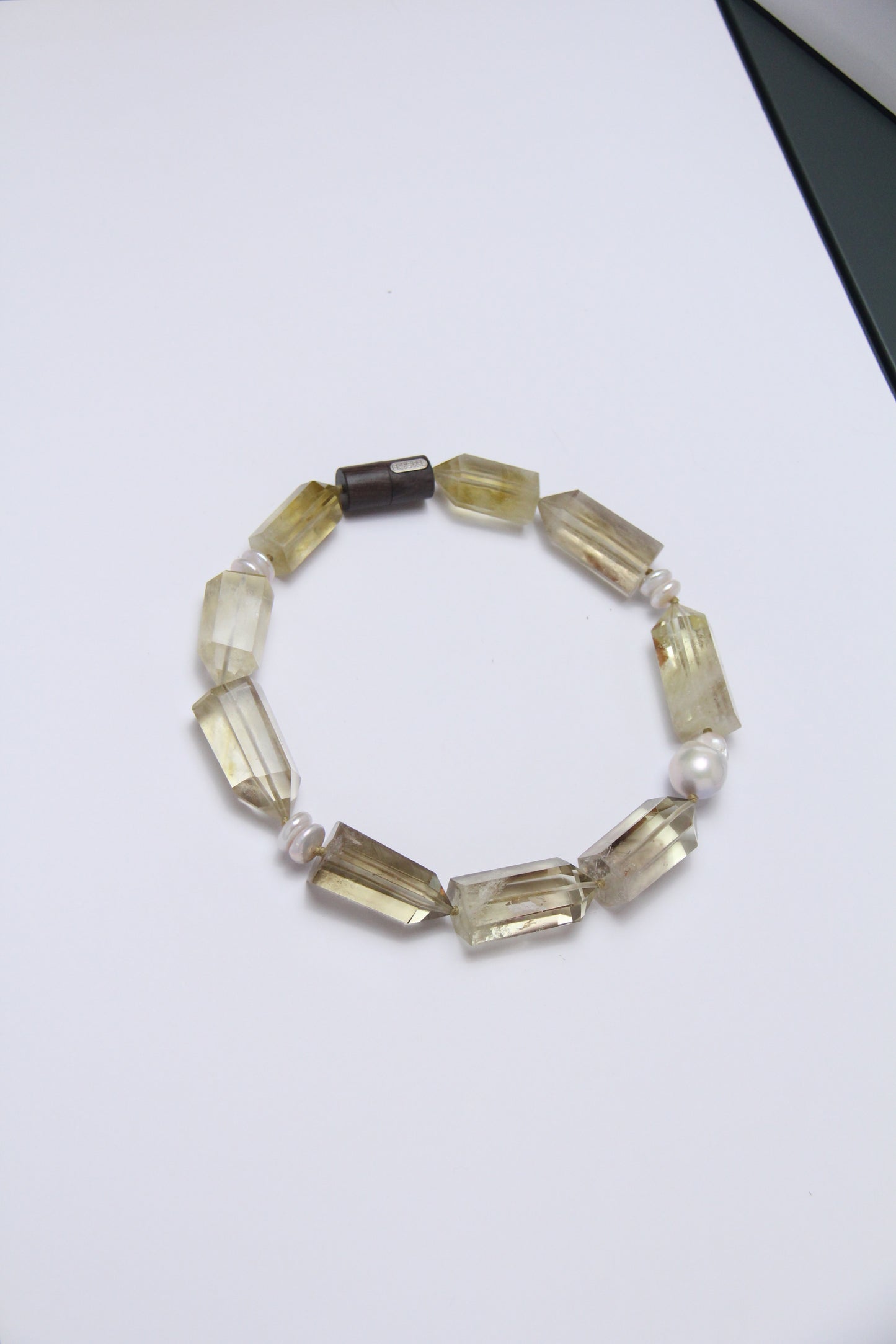 Necklace: pearls, citrine, ebony