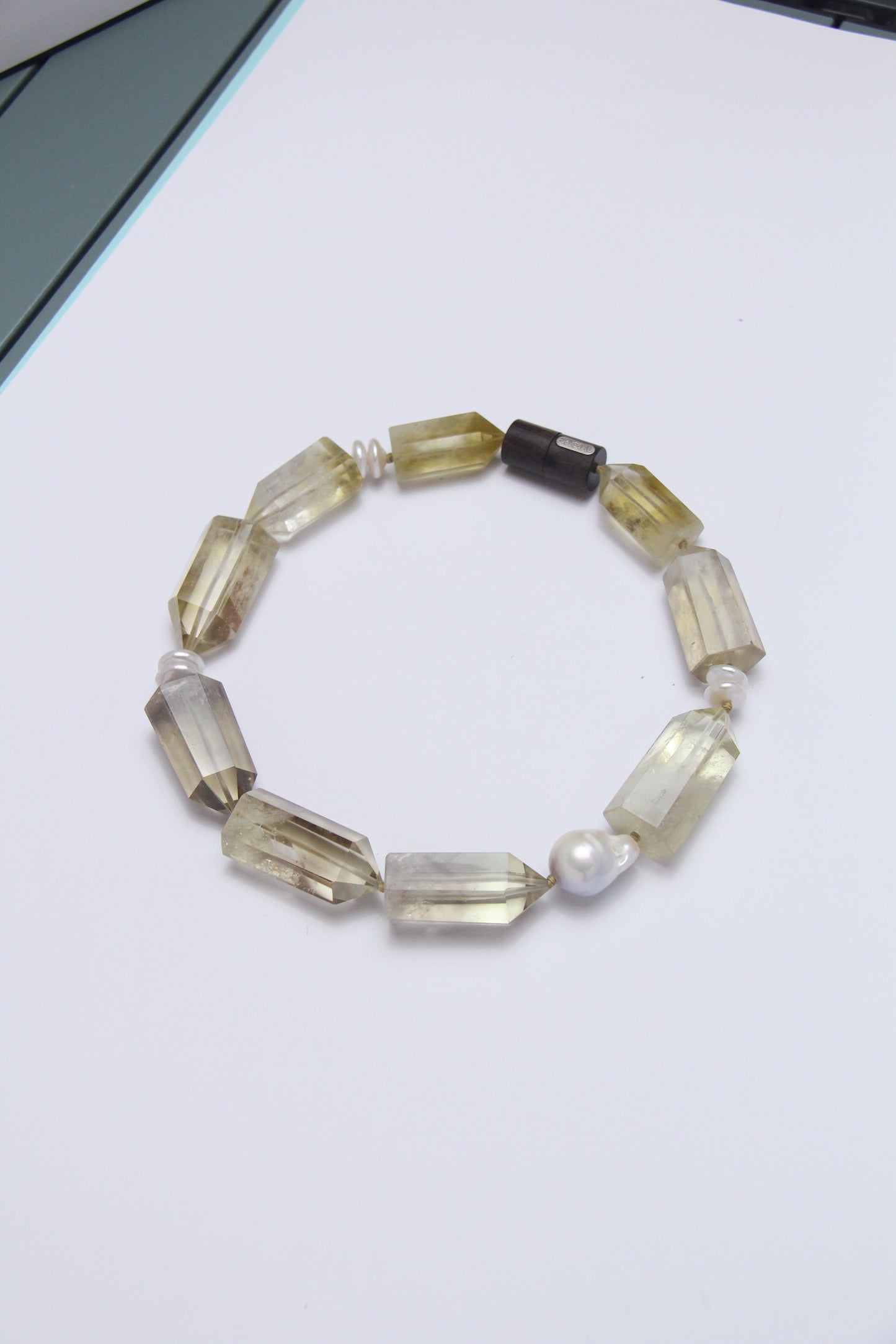 Necklace: pearls, citrine, ebony