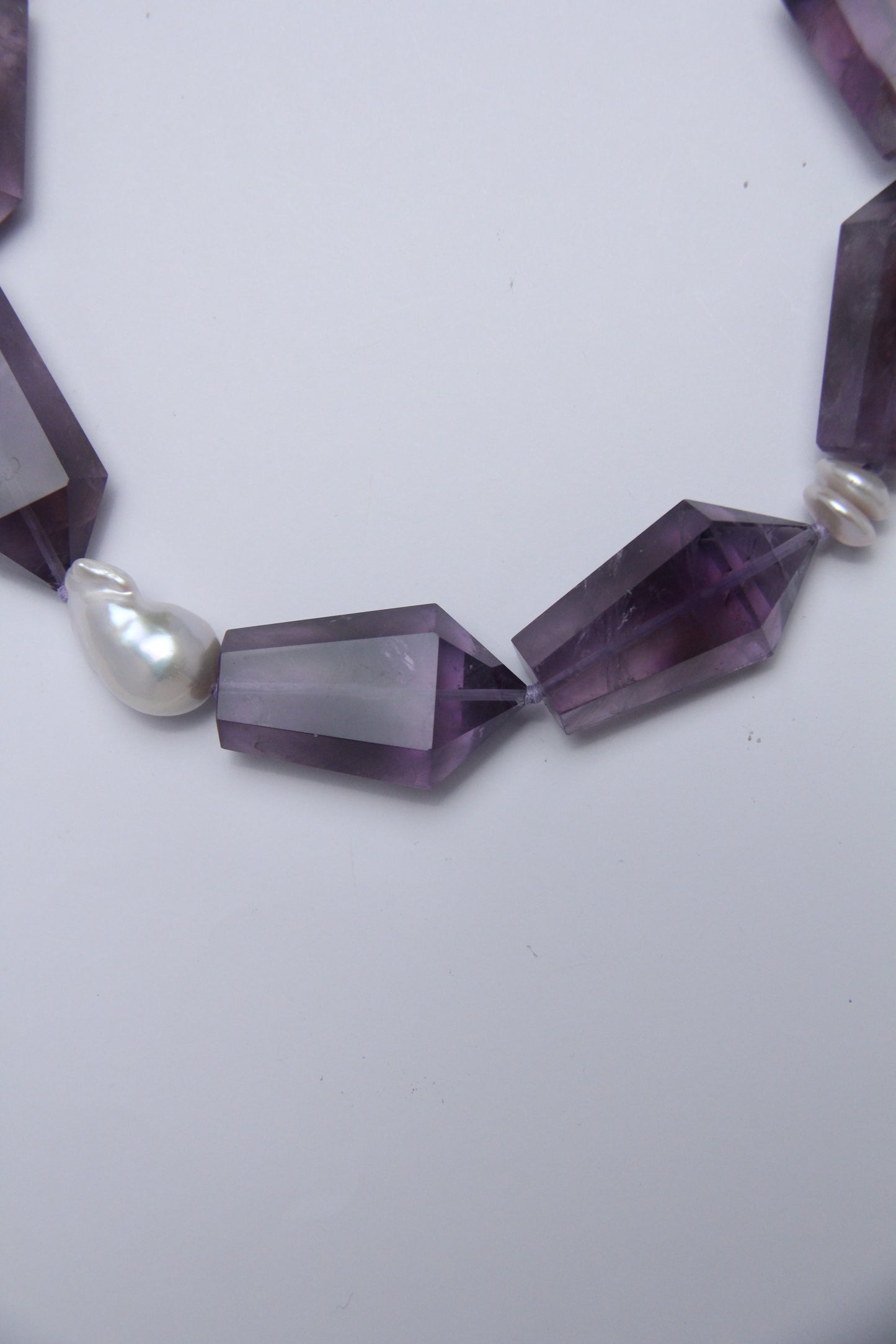 Necklace: pearls, amethyst, ebony