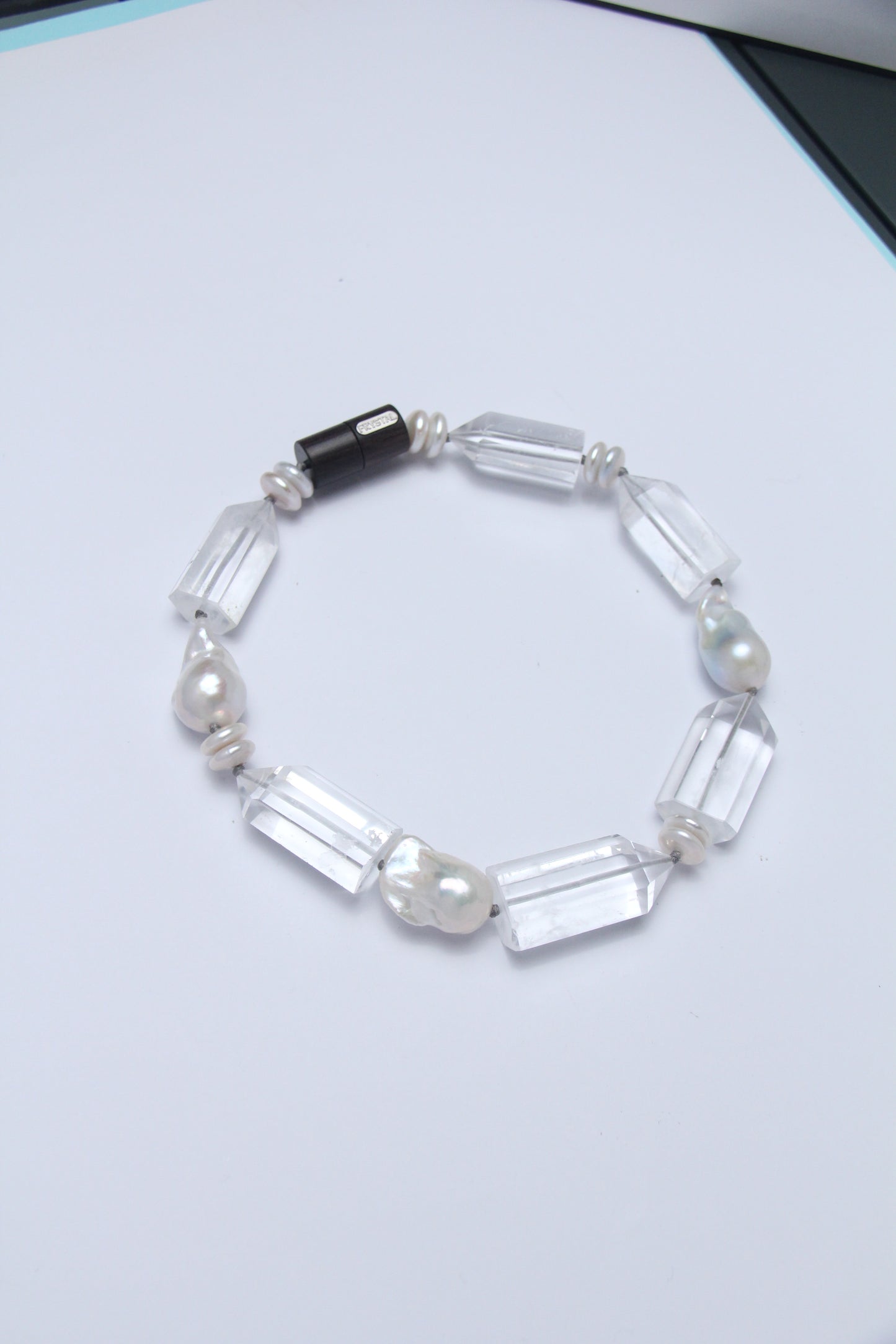 Necklace: pearls, quartz, ebony